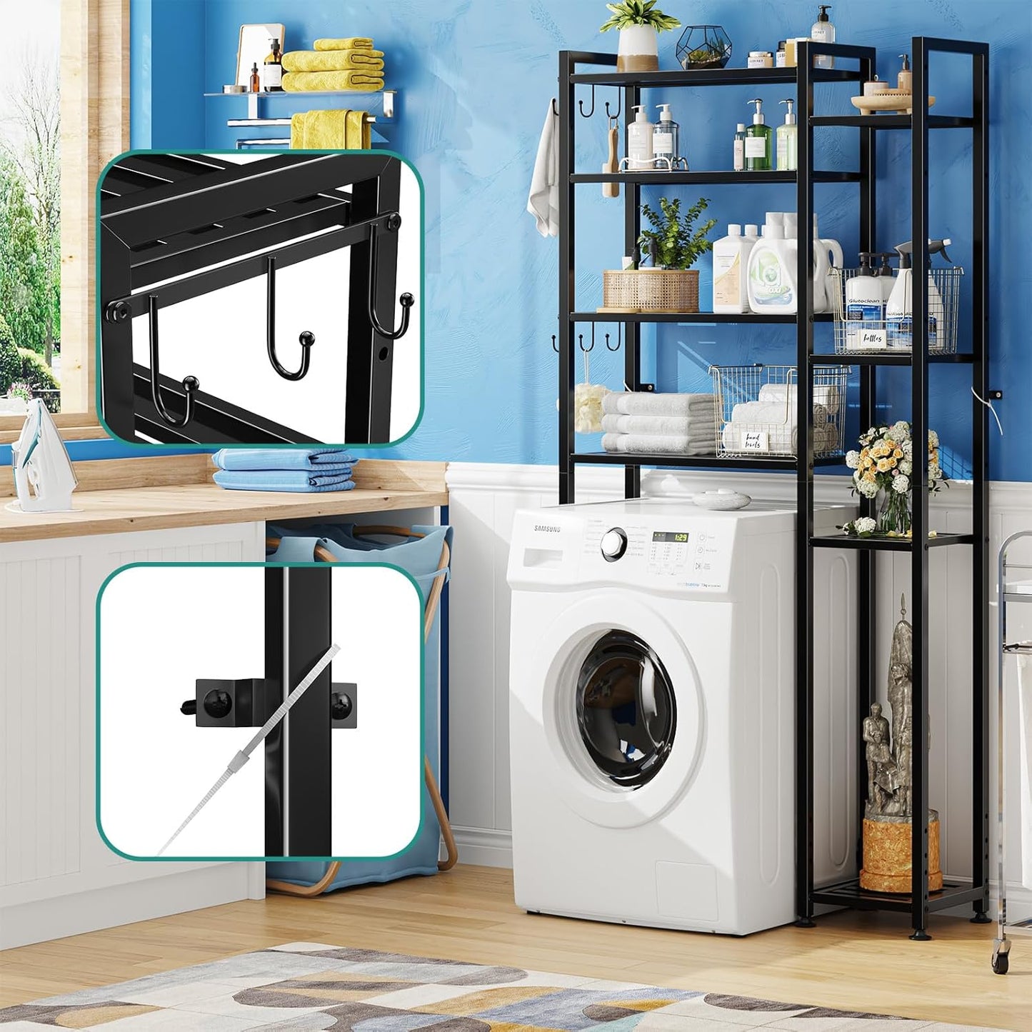 Simple Trending 8 Tier Over The Toilet Storage with Side Rack, Bathroom Organizer Metal Shelves for Towels, Black
