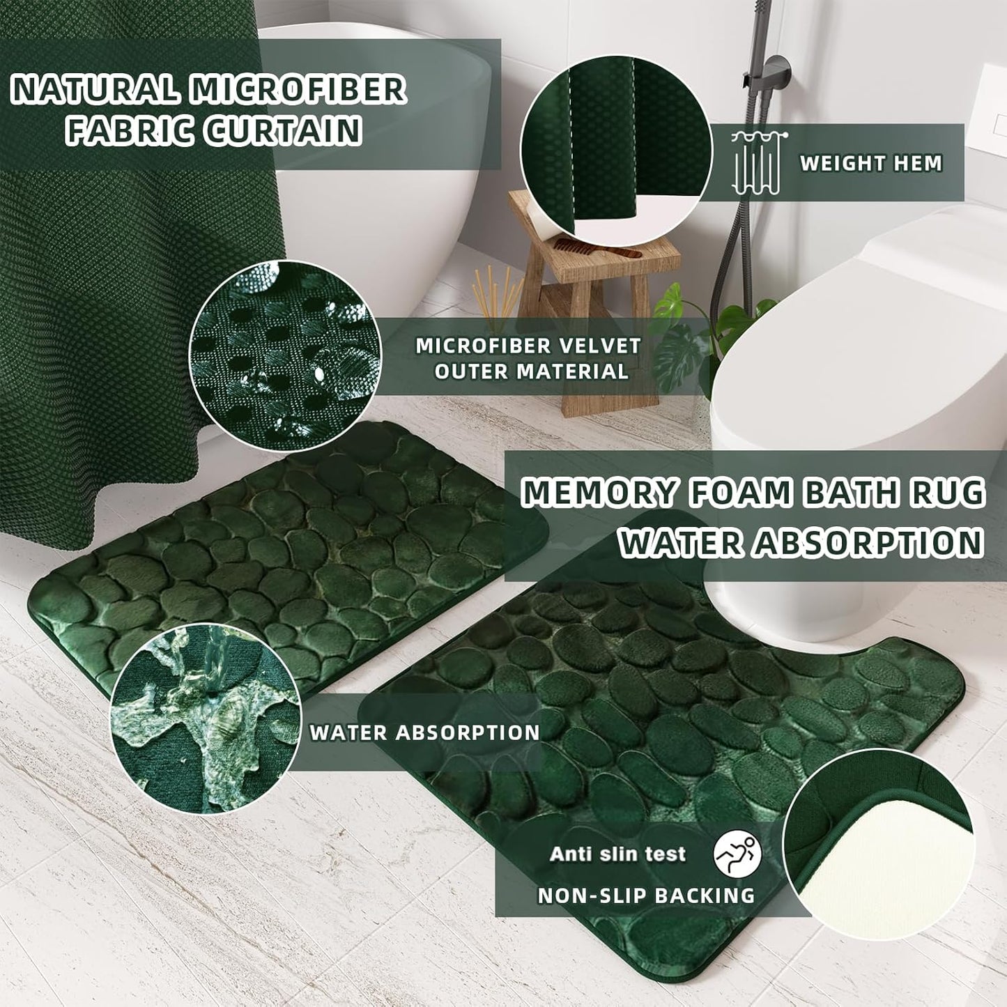 Bathroom Accessory Set - 25PC Green Bathroom Sets, Bathroom Set with Shower Curtain and Rugs, Dark Green Shower Curtain Set, Trash Can, Qtip Holder Dispenser & Soap Dispenser