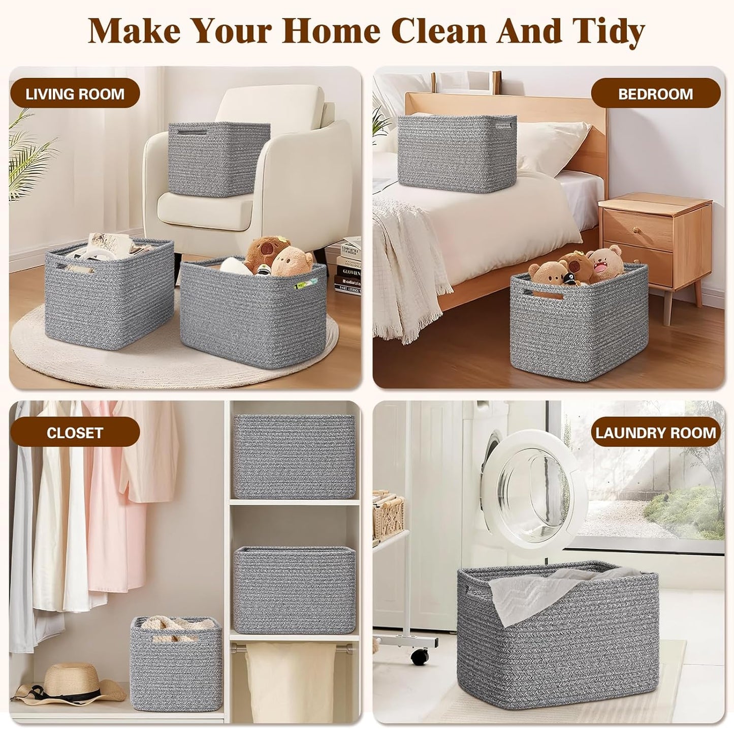 Storage Baskets for Organizing, 4 Pack Storage Baskets for Shelves, Woven Basket for Shelves, Closet Organization, Rectangle Organizer Basket Gifts Empty, 13"Lx8.7"Wx7.9"H Decorative Bins with Handles