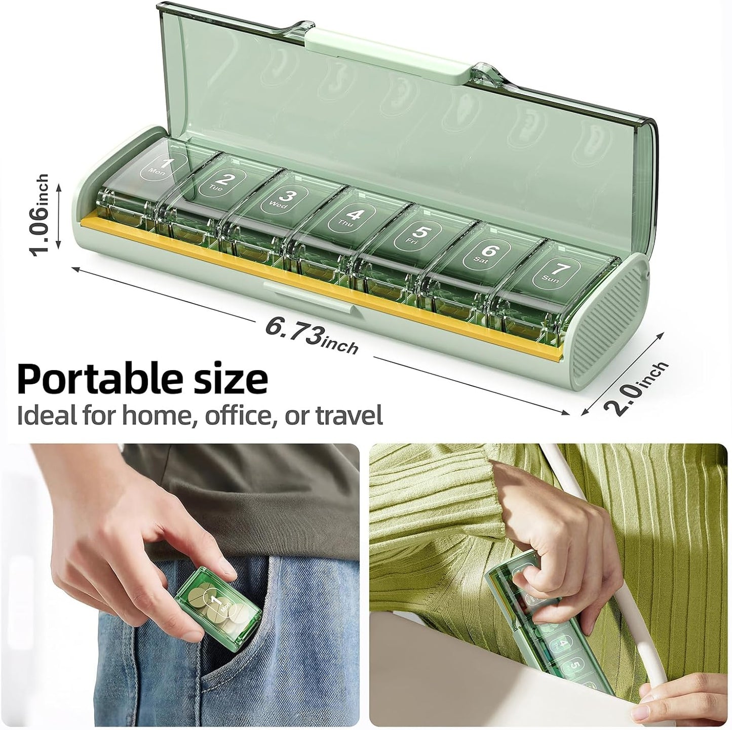Weekly Pill Organizer,Portable 7 Day Pill Box,Moisture Proof Medicine Pill Organizer,Travel Pill Case with BPA-Free Material,Pocket-Size for Supplements & Vitamins (Green)