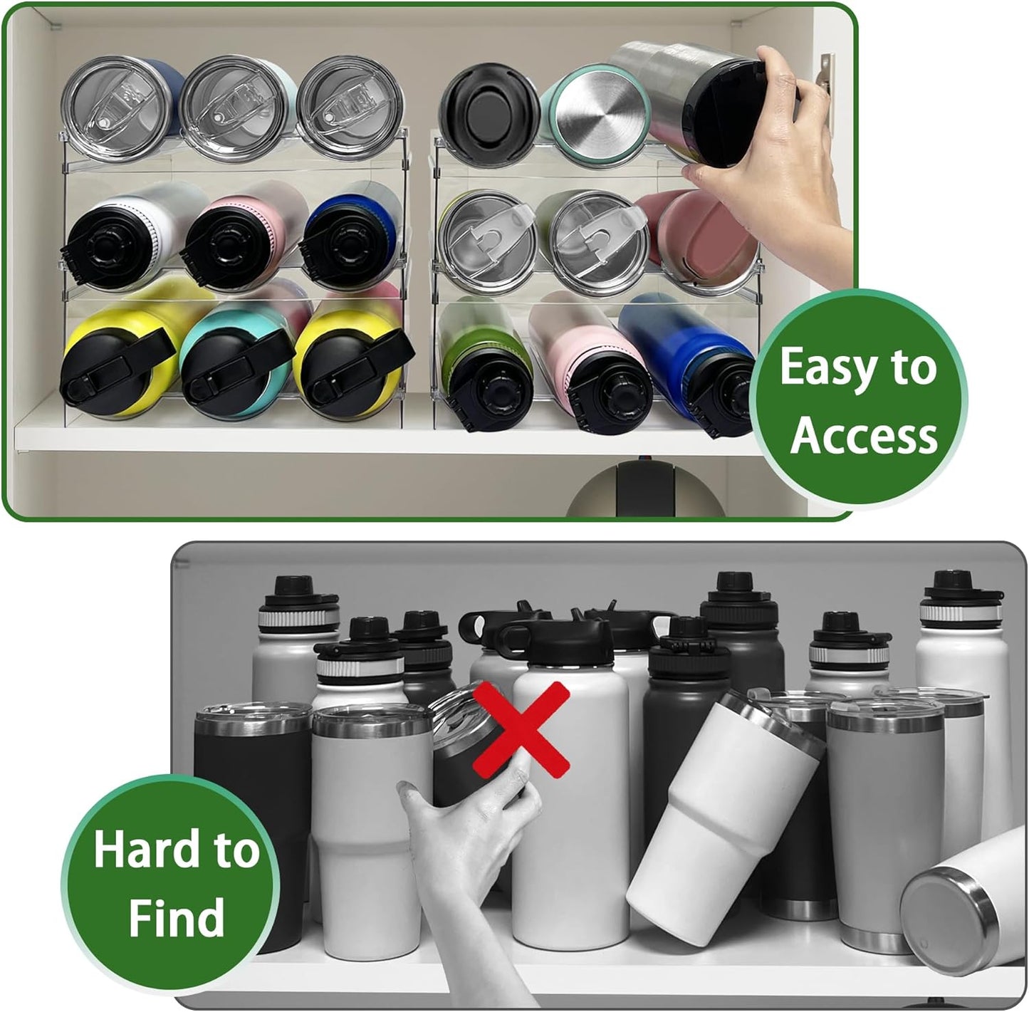4 Pack Water Bottle Organizer, Stackable Kitchen Pantry Organization and Storage Shelf, Plastic Bottle Holder for Fridge Kitchen Cabinet Organizer and Storage, Tumbler Mug Cup Organizer