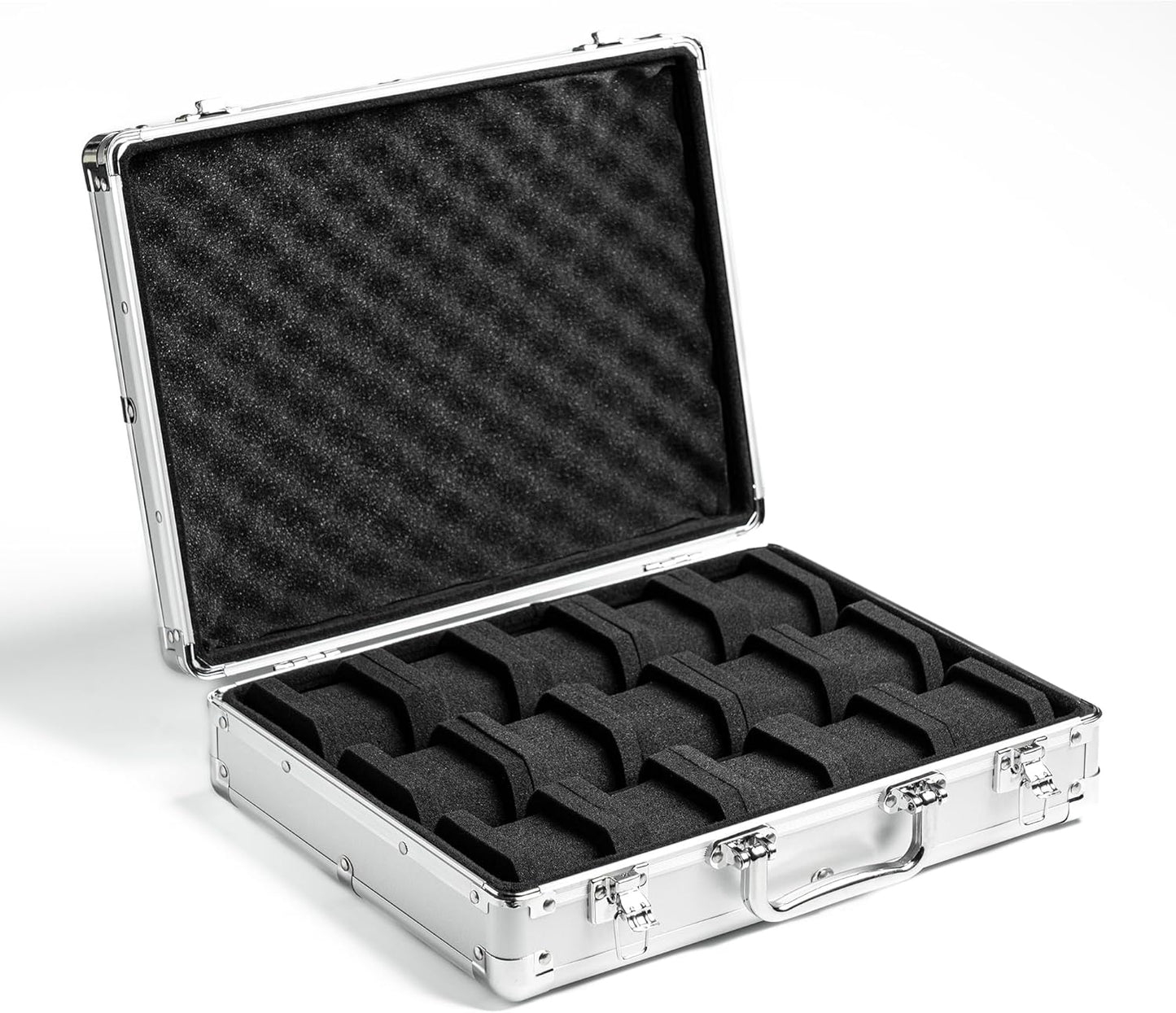 15 slots Watch organizer Case, Silver Aluminum watch storage box, hard watch travel box, padded case for watch display and organization