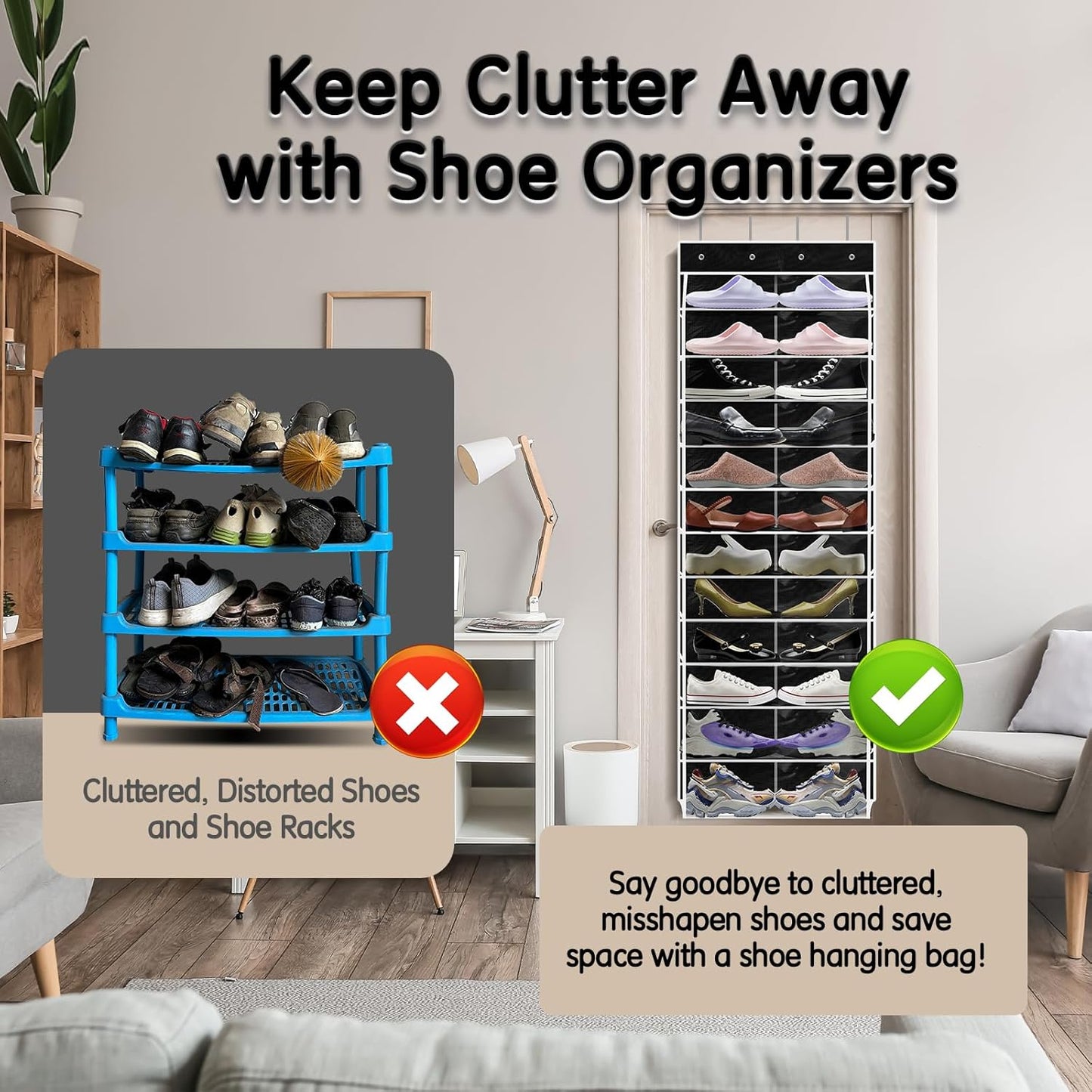 Over The Door Shoe Organizer with 12 Large Breathable Pockets - Heavy Duty Hanging Storage for Adult, Kids & Baby Shoes - Black