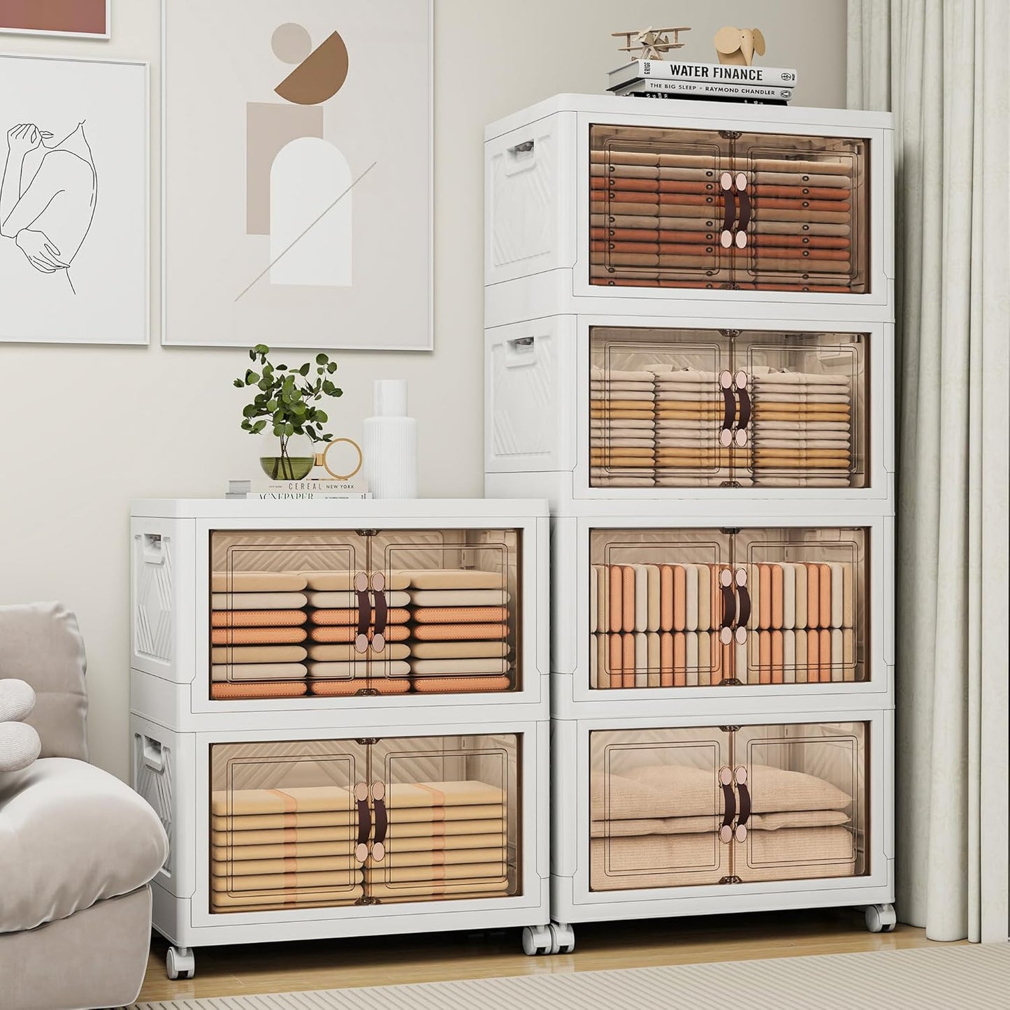 Storage Bins with 2 Lids and Wheels, Collapsible Bathroom Storage Cabinet with Clear Doors, Plastic Stackable Closet Organizers and Storage Containers White 942 QT