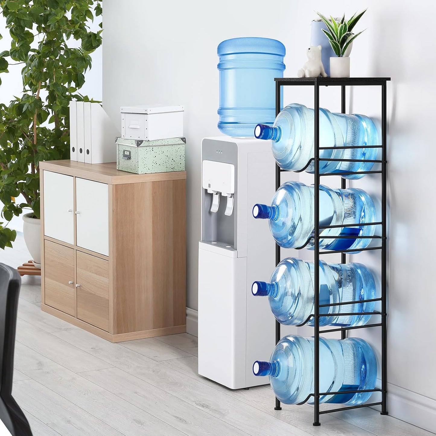 ETELI 5 Gallon Water Jug Holder 4 Tier Gallon Water Bottle Holder with Storage Shelve Water Cooler Jug Rack Stand for 5 Gallon Water Dispenser Organizer for Kitchen, Office, Living Room, Black