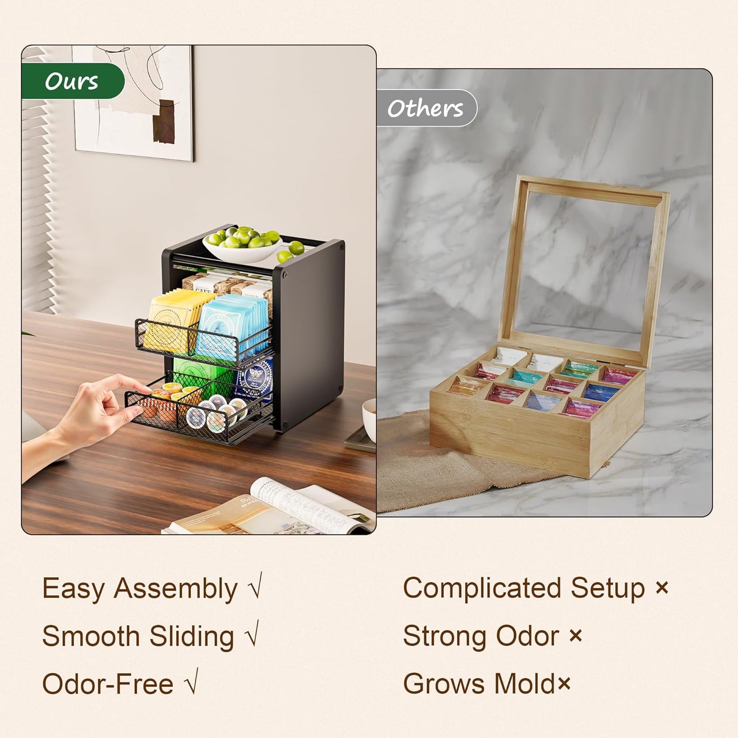 Tea Bag Organizer Box - Wooden Tea Bag Storage with 2 Drawers, Holder & Dispenser for Kitchen Countertop, Office, Tea Station (Black)