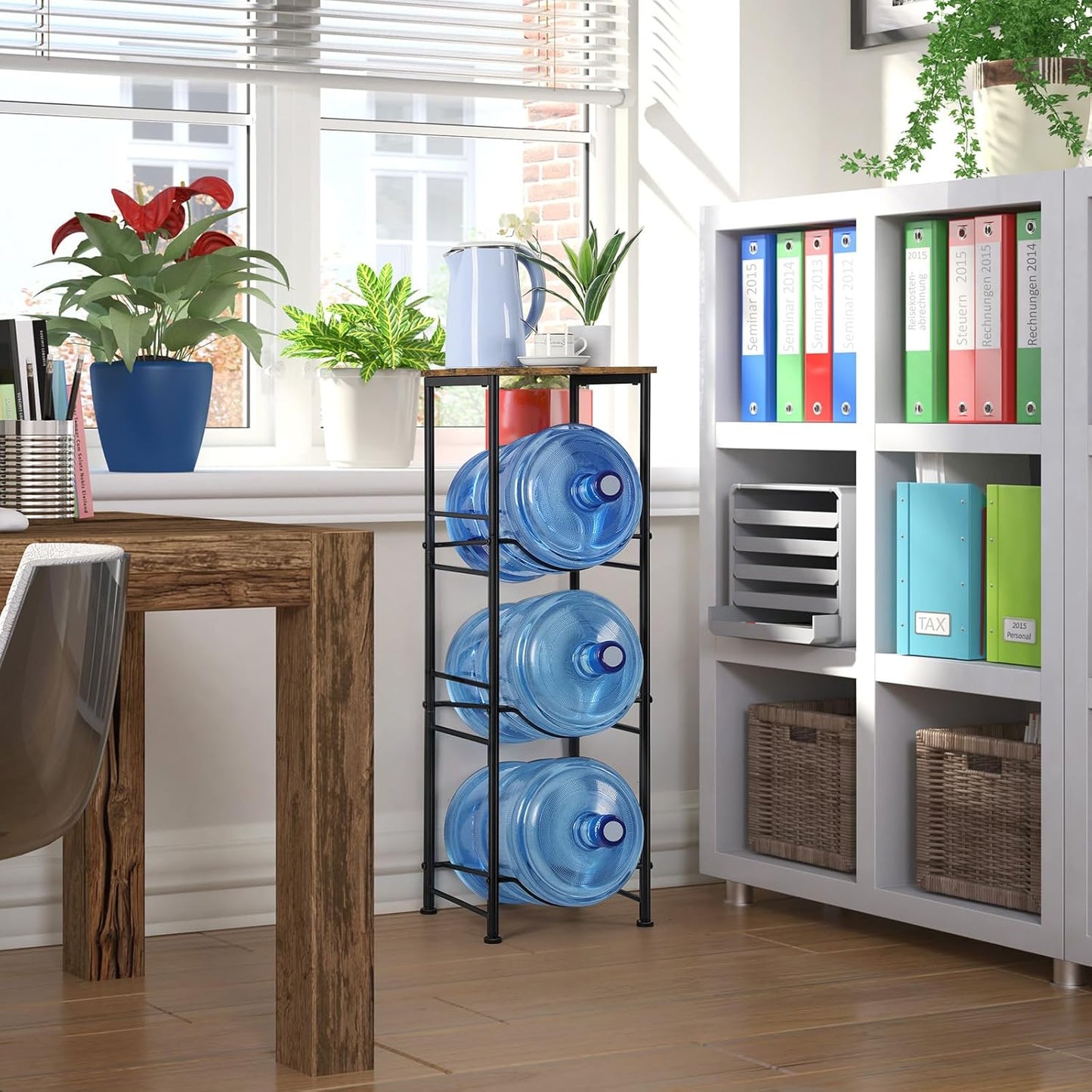 5 Gallon Water Bottle Jug Holder 3-Tier Water Bottle Holder Organizer with Top Shelf, Heavy Duty Water Dispenser Stand Rack for Kitchen Living Room Office, Rustic Brown