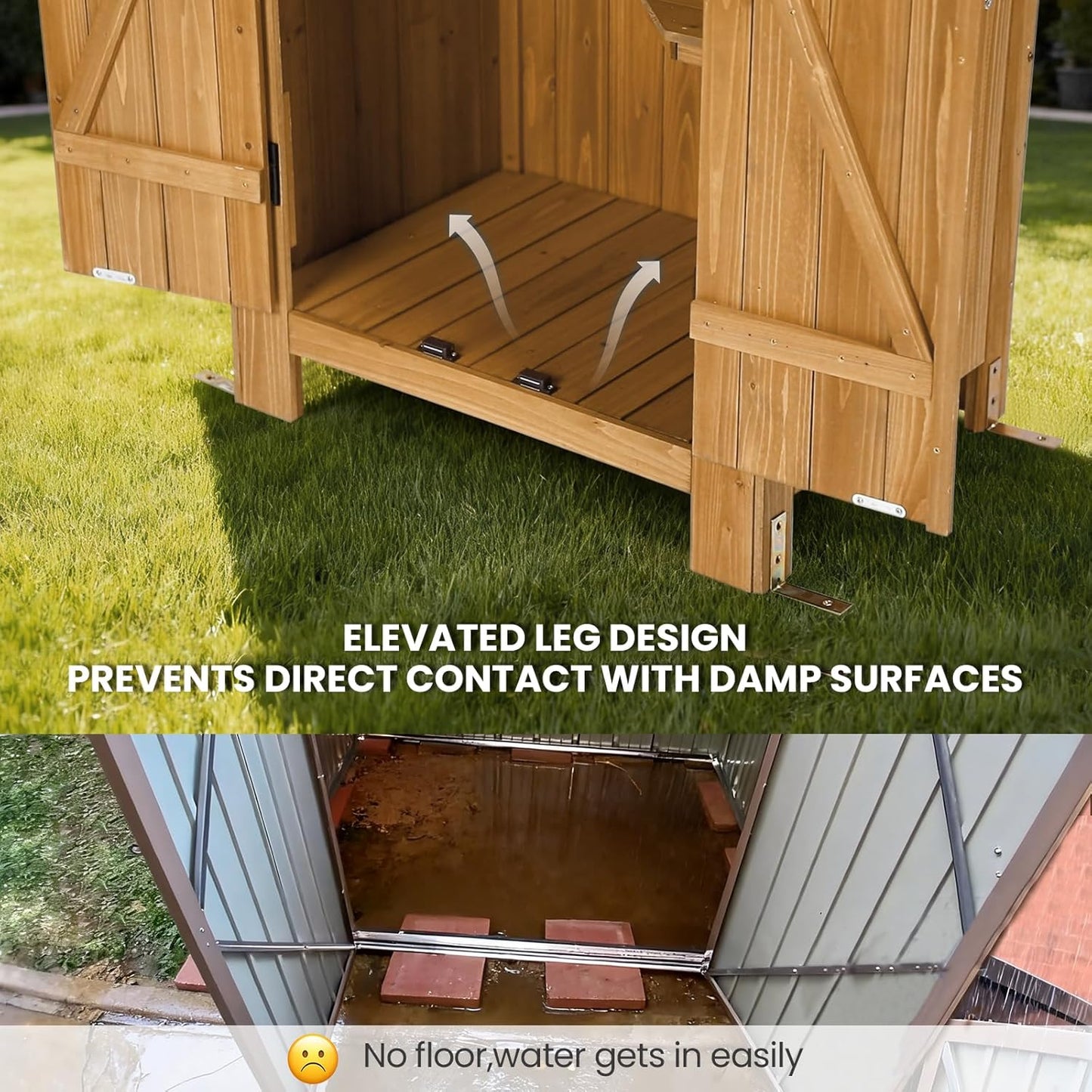 Wooden Outdoor Storage Shed with Double Doors,70” Tall Waterproof Storage Shed with Lock,Sheds & Outdoor Storage with Windproof Tipping for Deck,Backyard Garden and Yard
