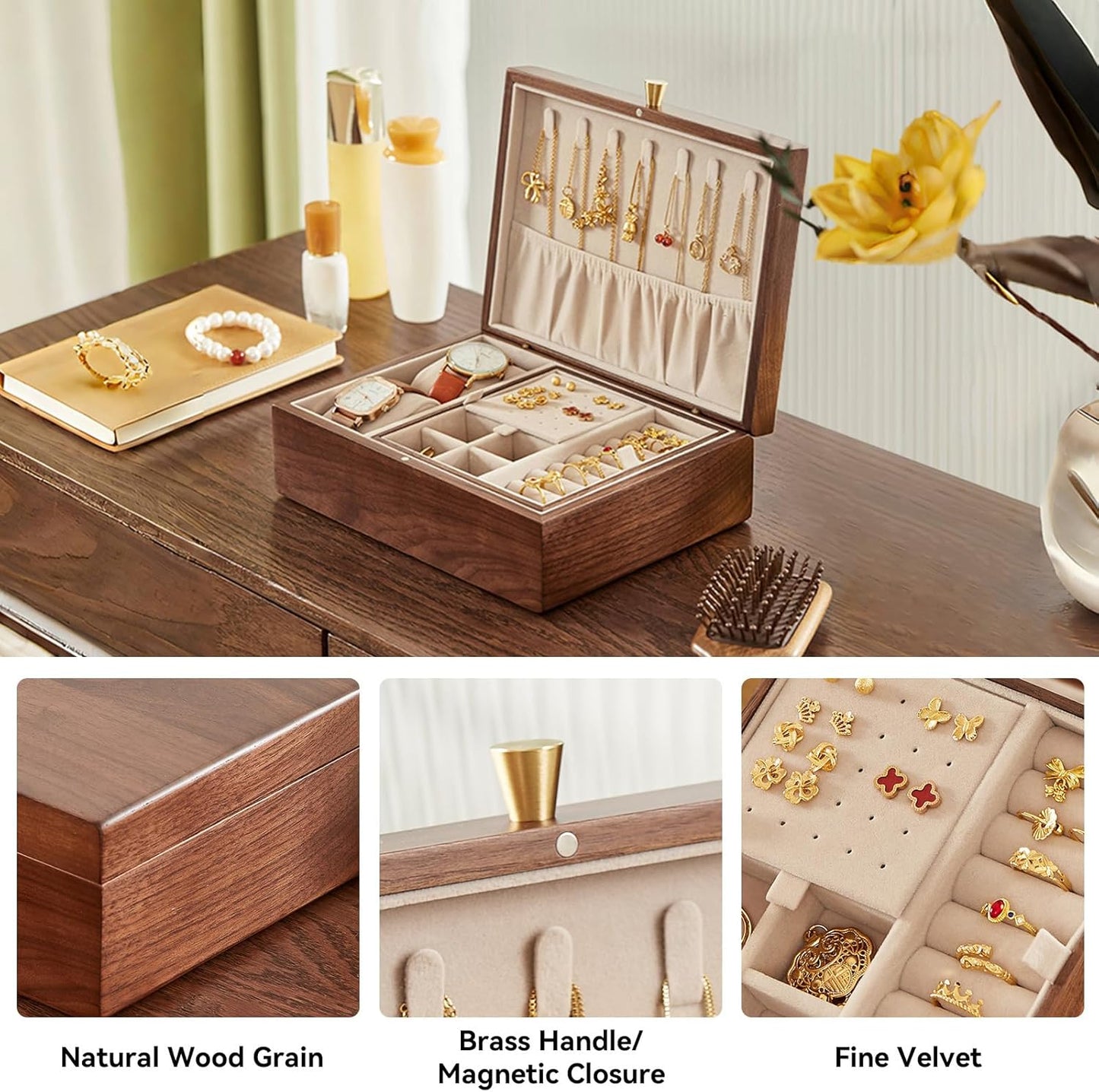 CHOSIN Black Walnut Wooden Jewelry Box for Women 2 Layer Jewelry Organizer with Removable Tray for Watches Rings Earrings Necklace Bracelets Storage Christmas Gifts