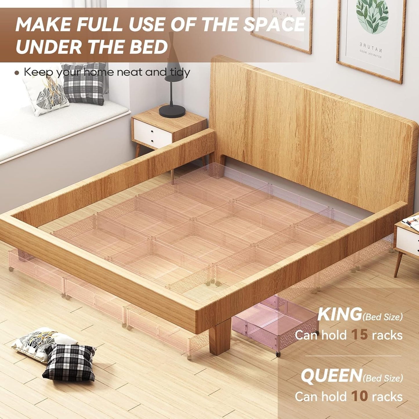 Under the Bed Storage Containers with Wheels, Under Bed Storage, Under Bed Shoe Storage Organizer Drawer, Tool-free Assembly Metal Underbed Storage Containers -Pink