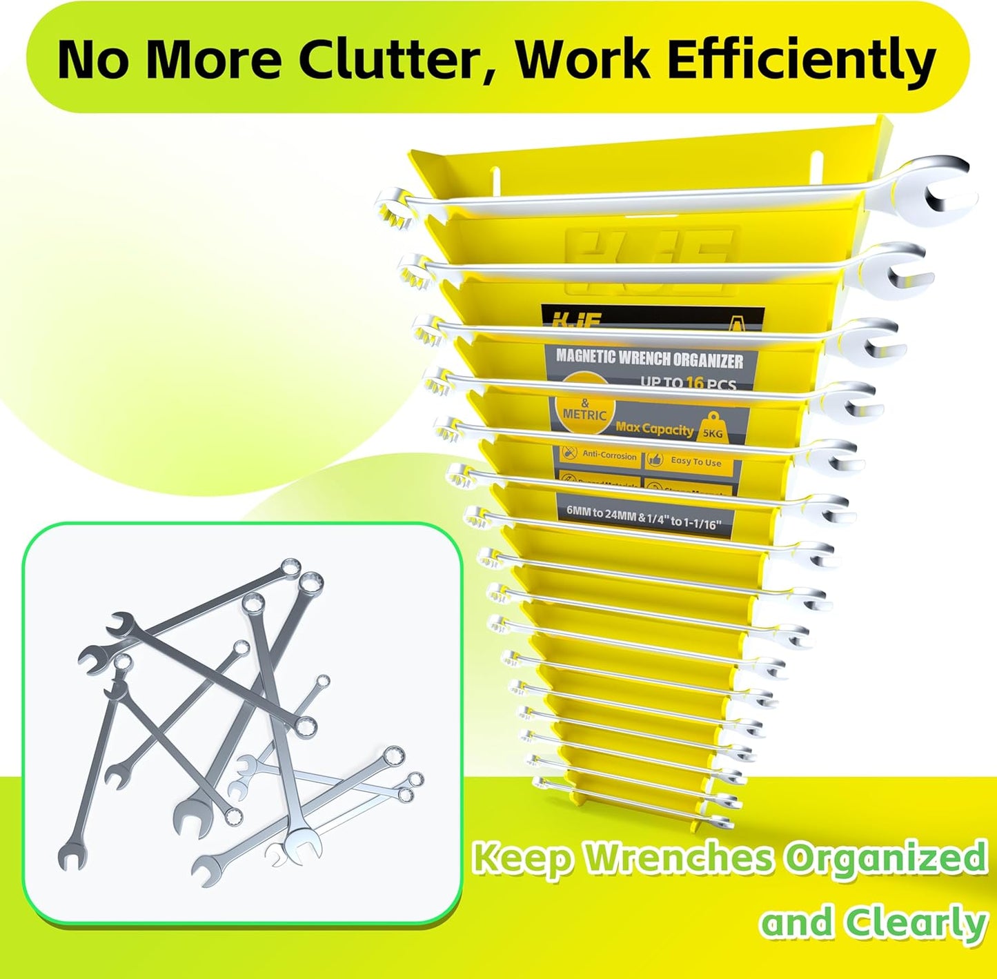KJE 4Pack Magnetic Wrench Organizer, 64-Slot Wrench Rack Tool Trays, Magnetic Wrench Set Holder SAE(1/4" - 1-1/16") and Metric(6MM-24MM)