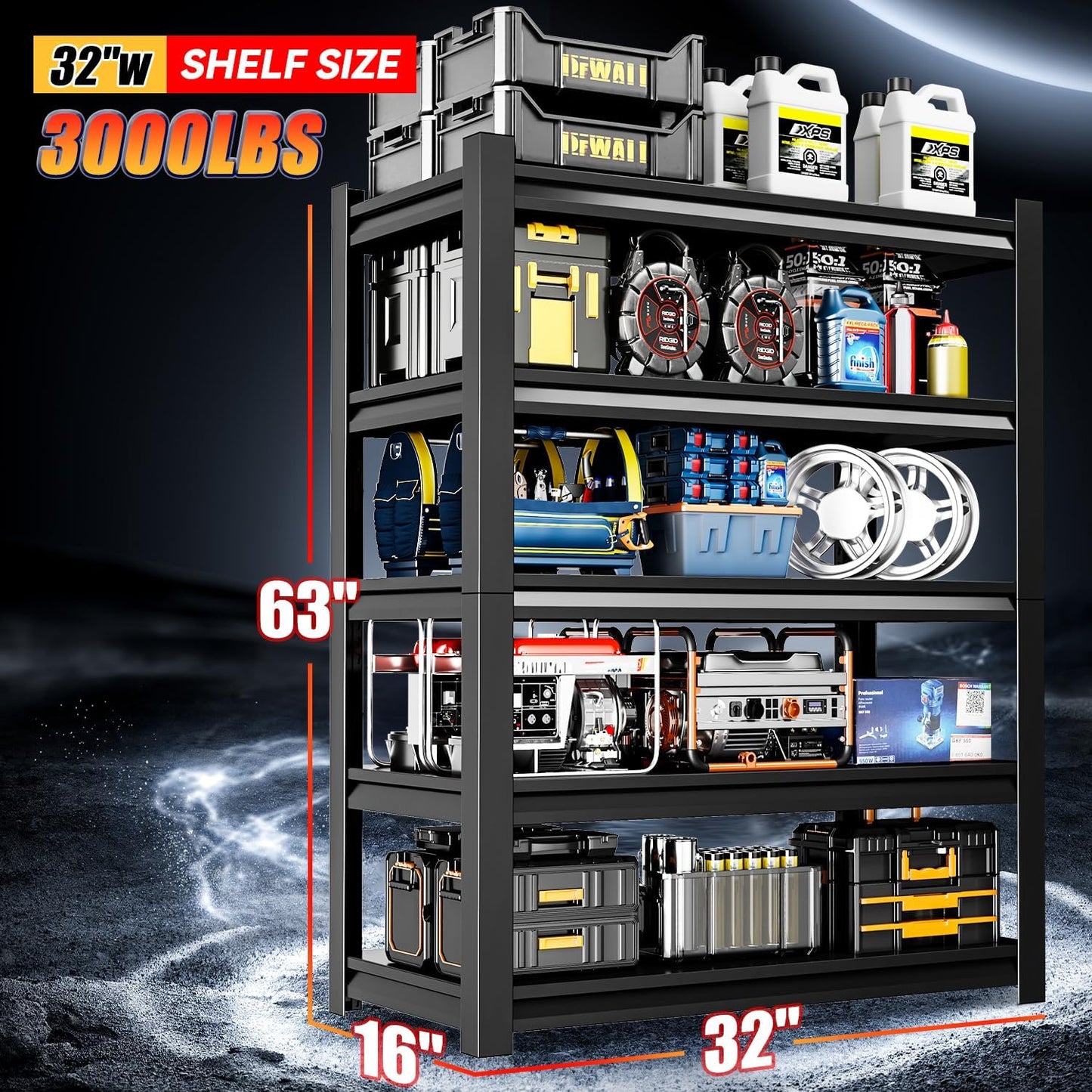 32" W Garage Shelving,5-Tier Heavy Duty Shelving Unit,3000LBS Adjustable Metal Storage Shelves,Storage Rack Units for Industrie,Shed,Warehouse,Basement,Black,32" W x 16" D x 63" H