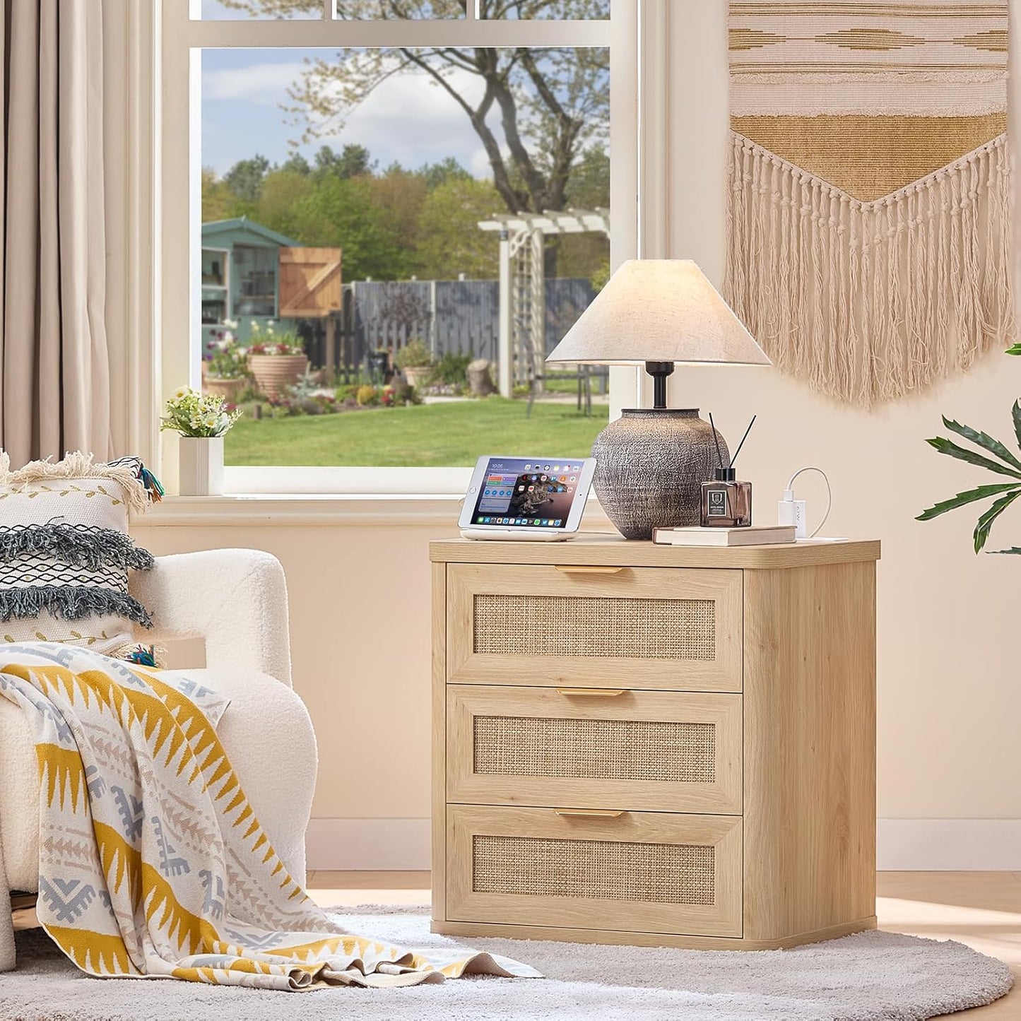 LEYAOYAO Rattan Night Stand Set of 2 with Charger Station, 23" Large 3 Drawer Boho Nightstand, Natural Wood Bedside Table Storage Cabinet, Bed Side End Tables for Bedroom, Living Room, Hallway