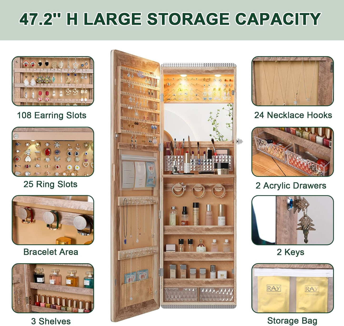 HNEBC LED Mirror Jewelry Cabinet with RGB Lights,47.2" Wall Mounted Jewelry Organizer with Full-Length Mirror,Over The Door Hanging Jewelry Armoire Storage Cabinet,Folding Dresser,2 Drawers,Lockable