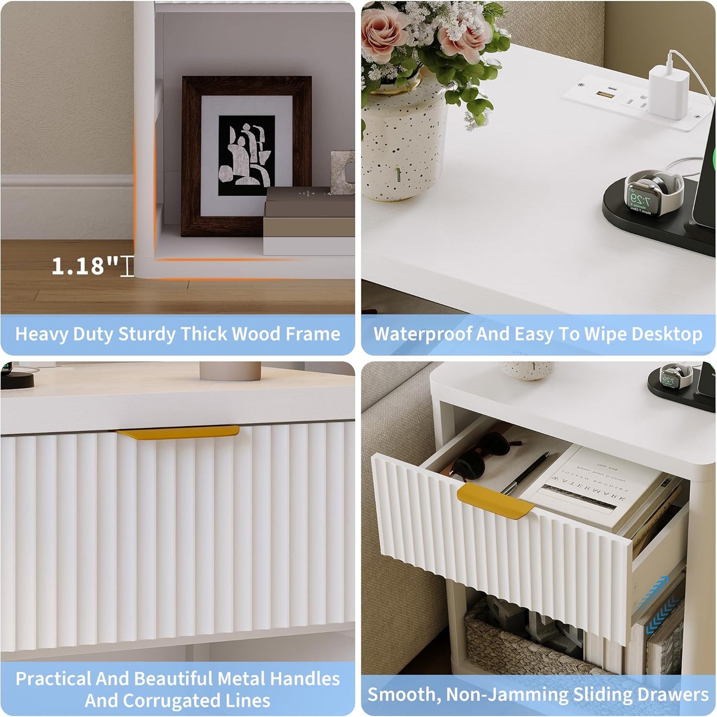 Fluted Nightstand with Charging Station, Bedside Table with Drawers and Open Storage Space, Metal Handles and Rounded Corners for Safety, Mid Century Modern End Table, for Bedroom, Living Room Sofa