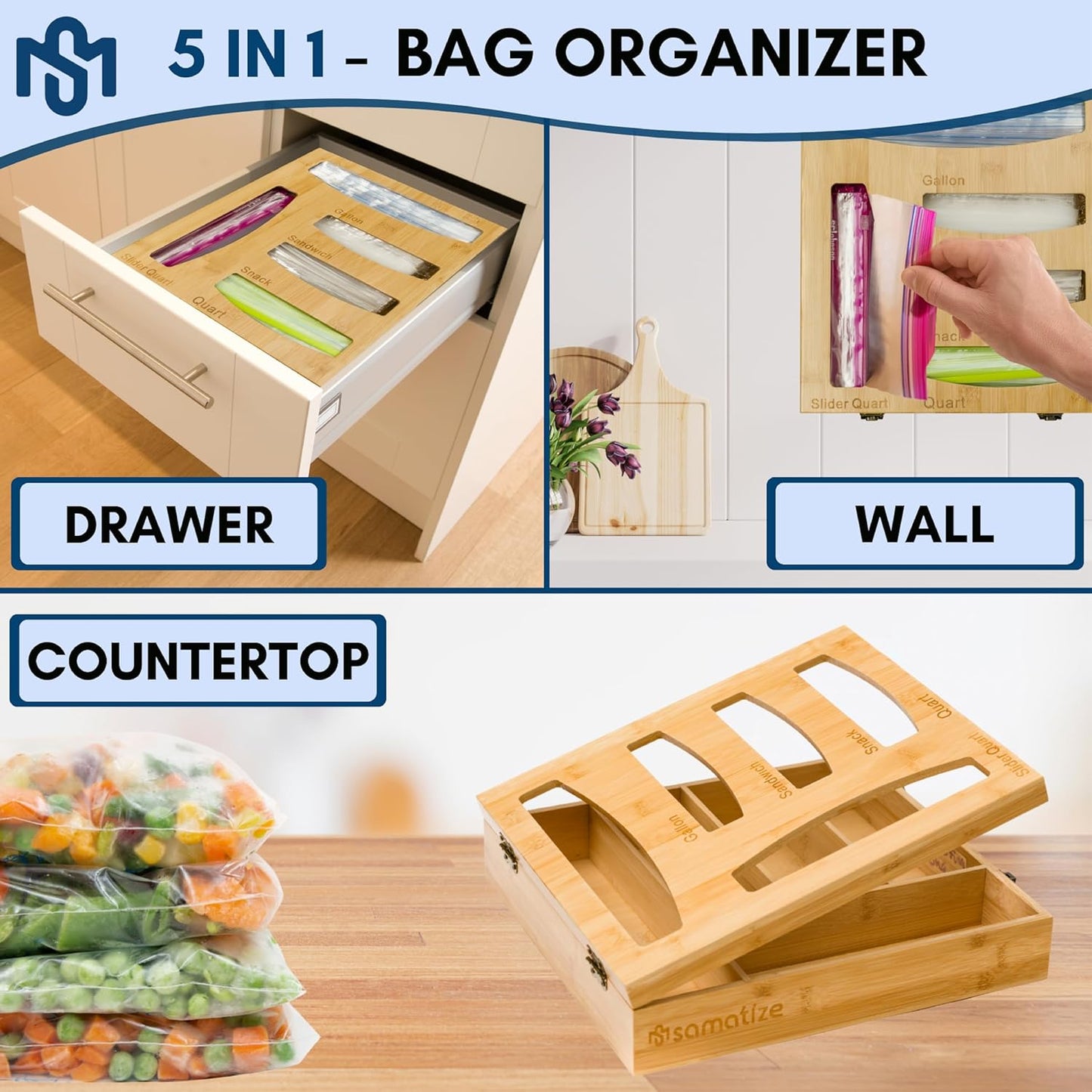Storage Bag Holder, Baggie Organizer for Drawer or Wall Mount, Compatible with Gallon, Quart, Sandwich, Snack Size Bags, 1 Box 5 Slots, Bamboo Drawer Organizer, Baggie Holder