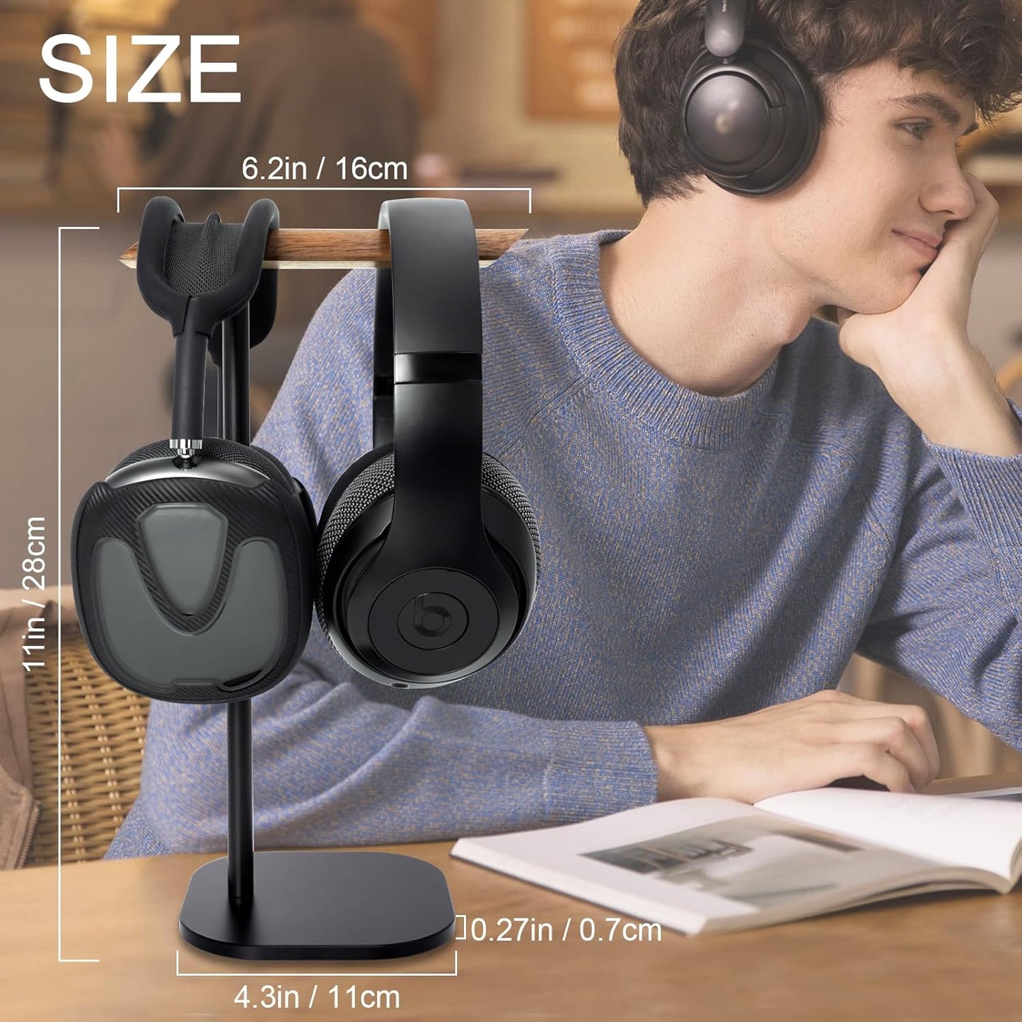 Gvoears Upgraded Headphone Stand, Walnut Wood Headphone Stands Headset Holder for Desk, Support Dual Headsets Suspension, Aluminum Alloy Support Rod Hanger, Dual Headphones Stand with Great Stablity