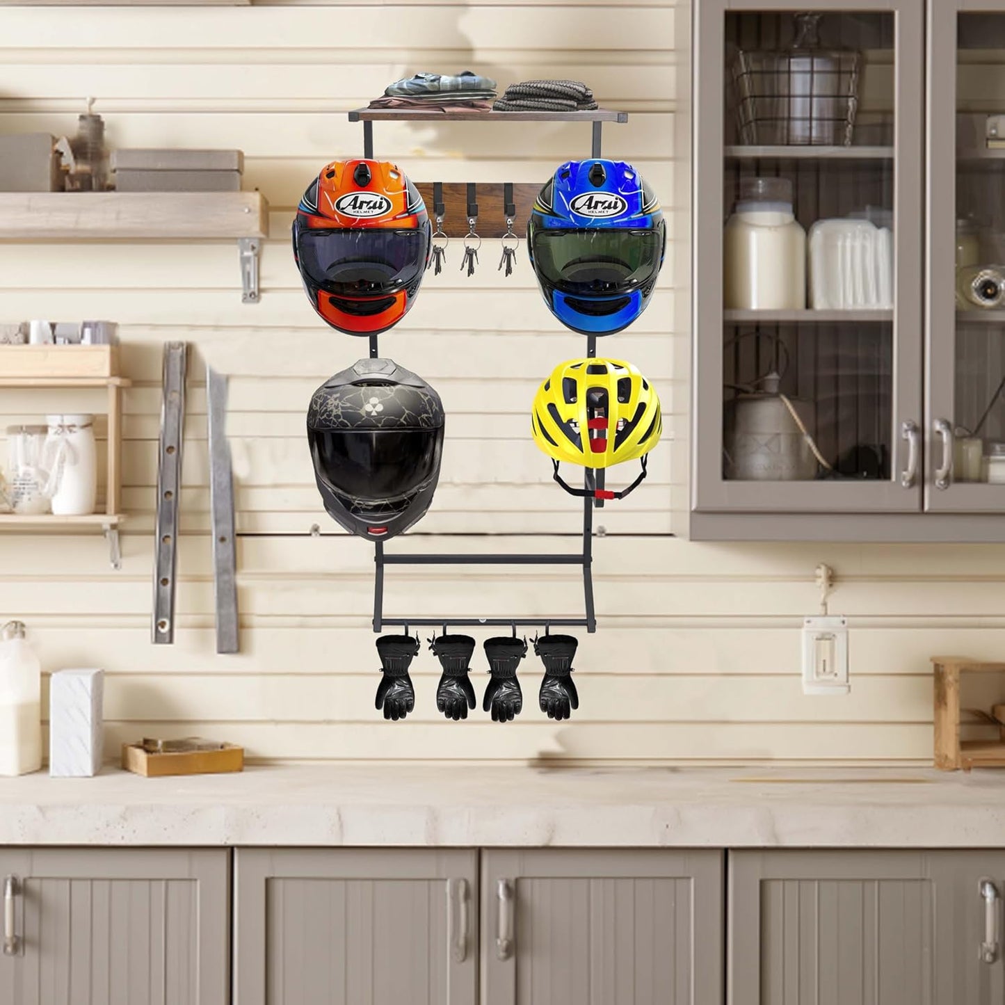 Motorcycle Helmet Holder Wall-Mounted Helmet Rack with 4 Glove Chips& Hooks - Rustic Bike Helmets Storage Organizer, Universal Wall Mount for Helmets, Gear, Clothes, Accessories,Retro