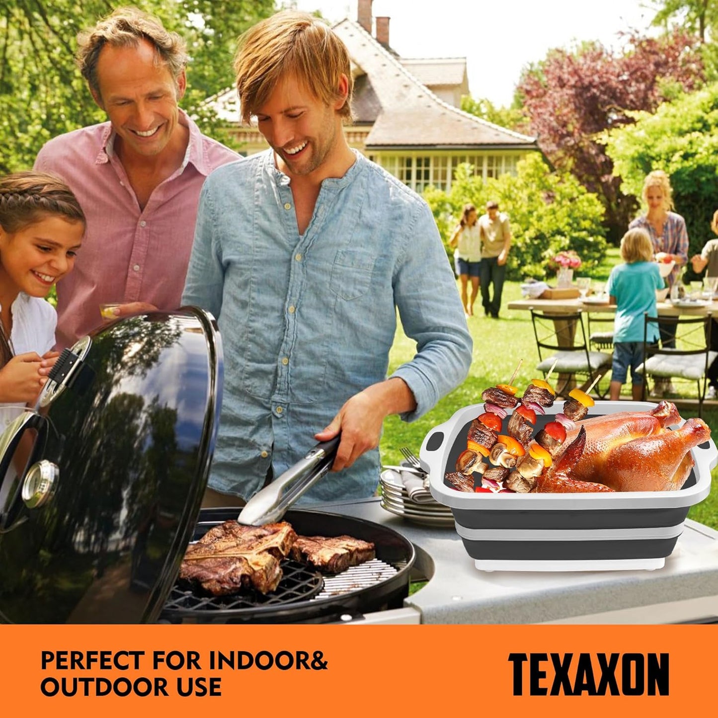 8L/16L BBQ Prep Tub with Cutting Board, Lid & Complimentary Mitts/Gloves – Collapsible Bucket for BBQ, Marinade, Picnic, Camping, Meat Prep – Orange/Black (Black, X-Large)