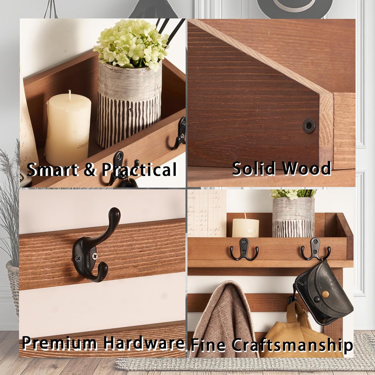 Coat Rack Wall Mount with Hooks & Shelf - Wooden Entryway Organizer for Hanging Coats, Keys, Hangers - Space Saving Durable Wood Holder for Hallway, Bedroom, Office-The Essential Model