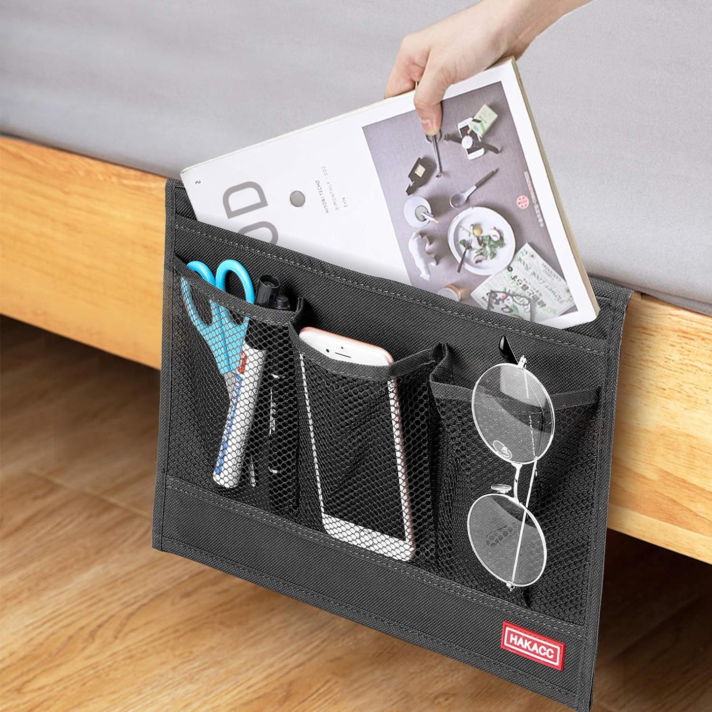 HAKACC Bedside Storage Organizer with Pockets,Bedside Caddy,Remote Control Holder Armchair Couch Caddy Sofa Armrest Bag,bed accessories,Black