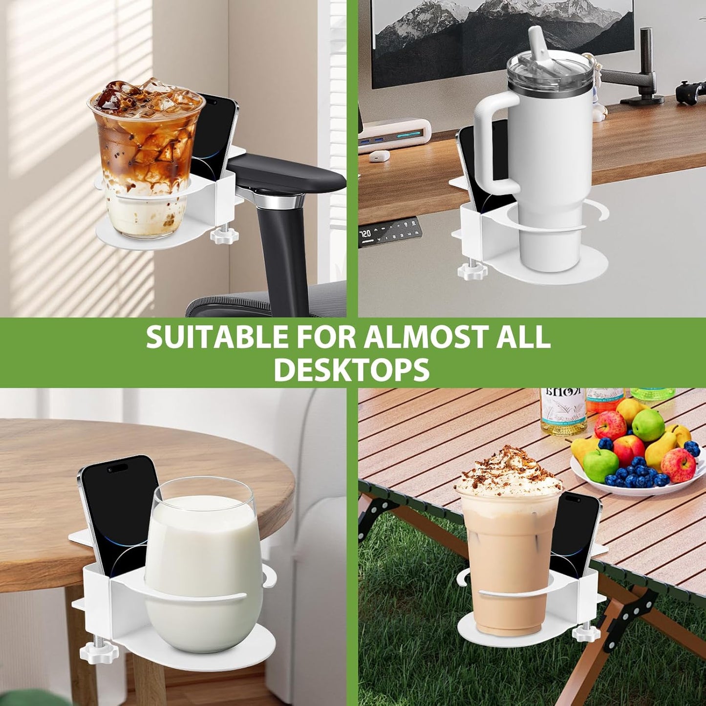 Desk Cup Holder for Coffee Mugs, Tumblers, Water Bottles with Mobile Phone Stand, Anti-Spill Metal School Home Office Accessories (White-1)