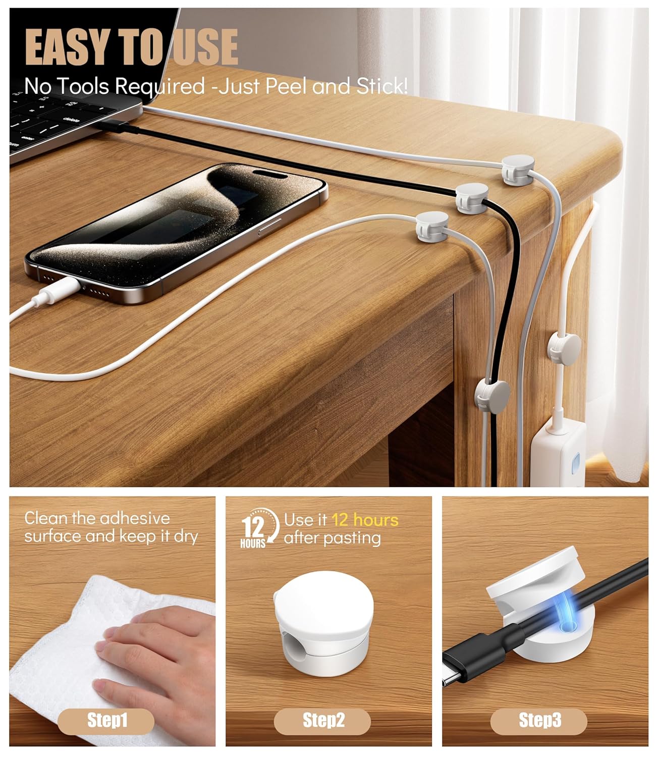 6 Pack Silicone Cord Organizer, Adjustable Magnetic Cable Clips, Strong Adhesive Cable Management Under Desk Wire Hider, Cord Holder for Nightstand, Desk, Wall, Home Office (White)