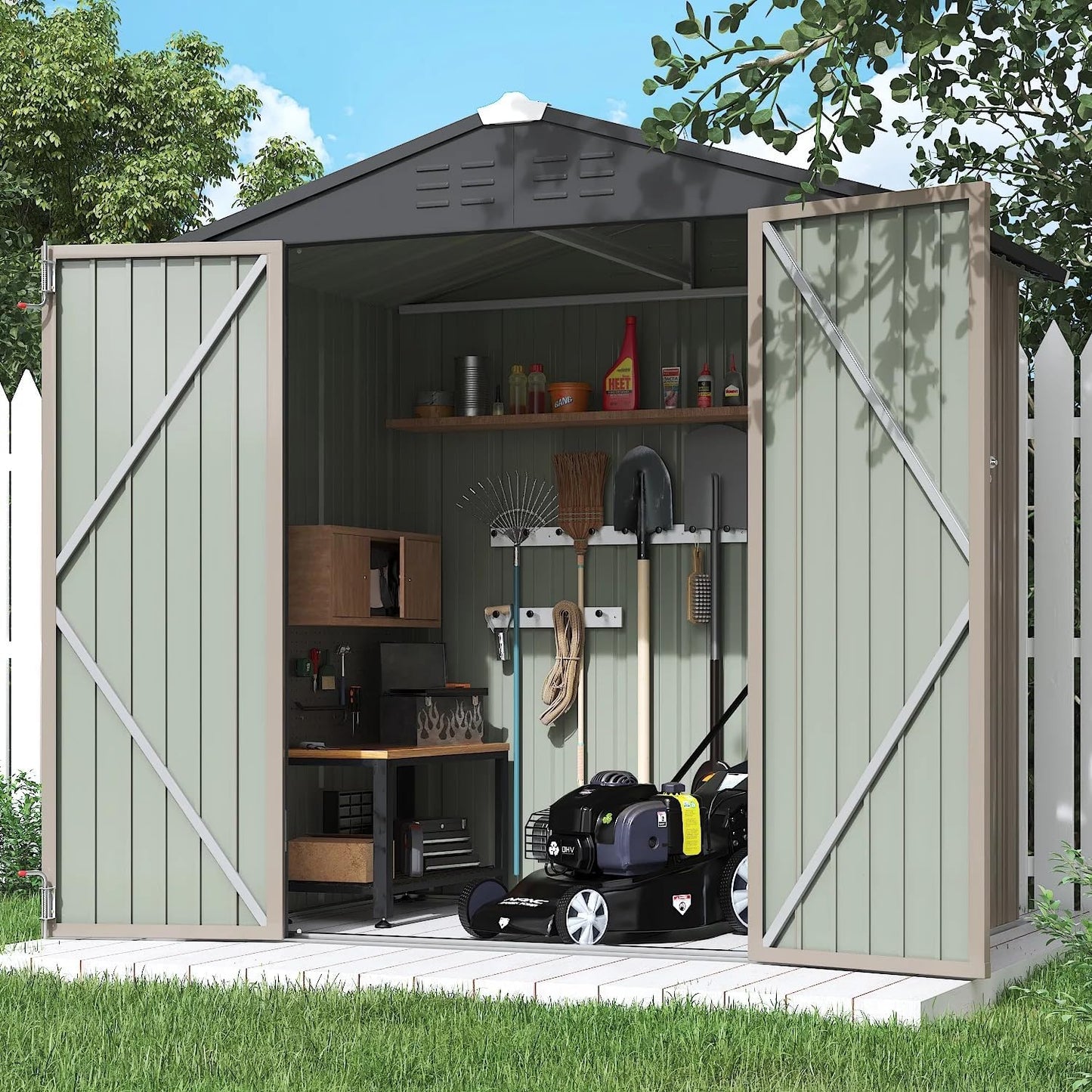 Flamaker 6x4 FT Storage Shed Waterproof Metal Garden Shed with Lockable Door Utility Tool Shed Outdoor Storage for Backyard, Patio and Lawn, Brown