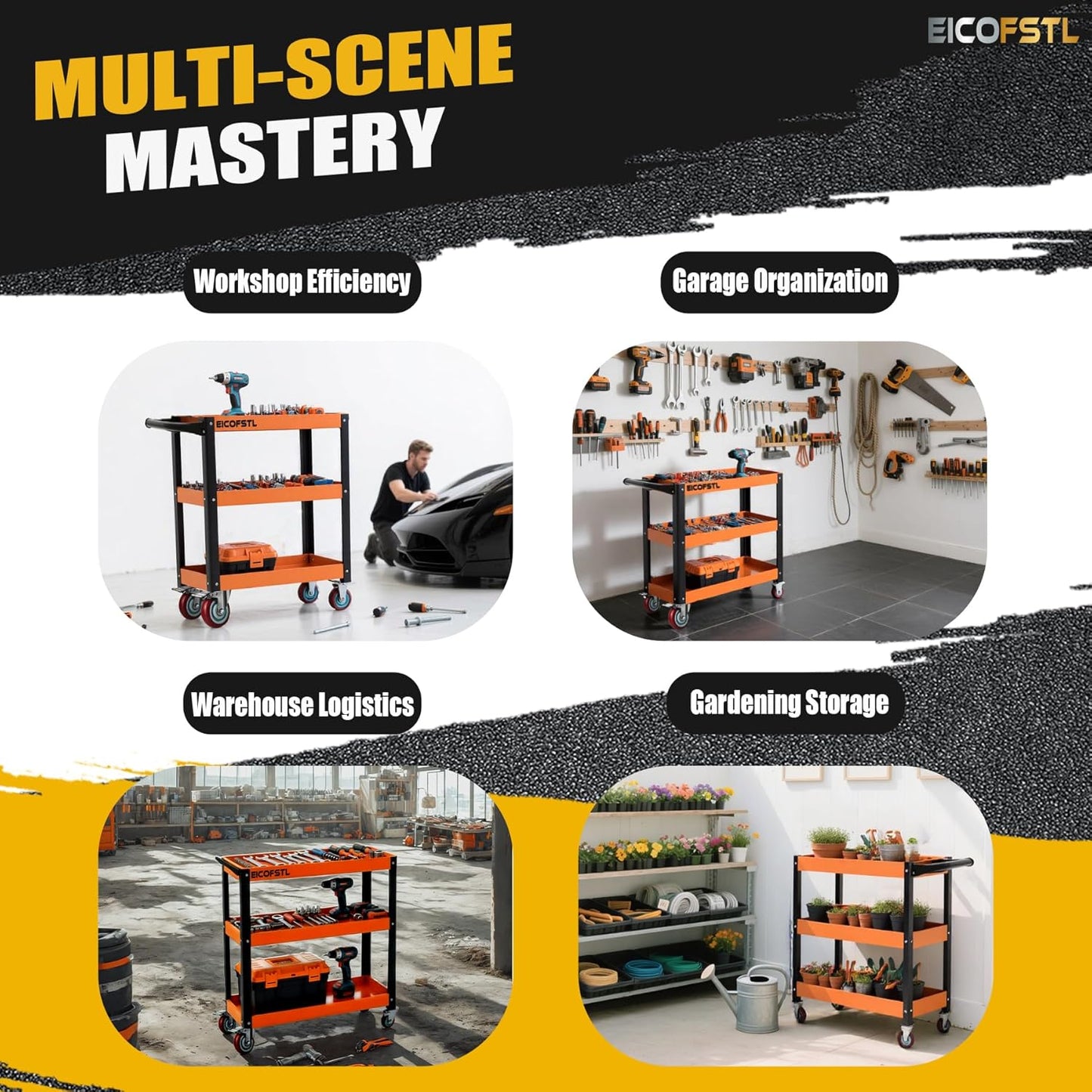 Stainless Steel Tool Cart, Heavy-Duty 3-Tier Alloy Steel Utility Cart with Screwdriver Holder & 4 Wheels (2 Locking Casters), 500LB Capacity for Garage, Workshop Tool Storage