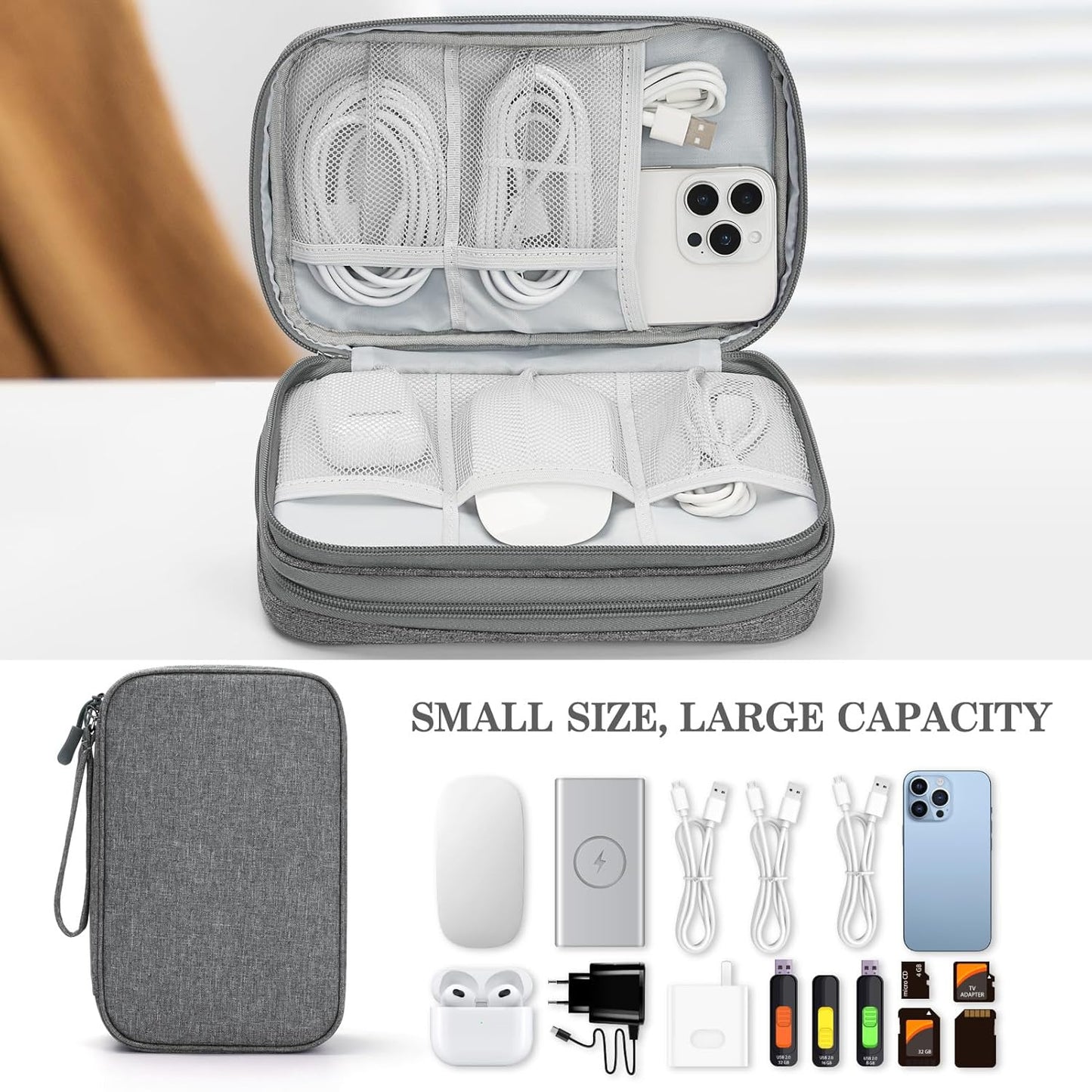 FYY Electronic Organizer, Large Travel Cable Organizer Bag Pouch Electronic Accessories Carry Case Portable Waterproof Double Layers All-in-One Storage Bag for Cable, Cord, Charger, Phone, Dark Grey