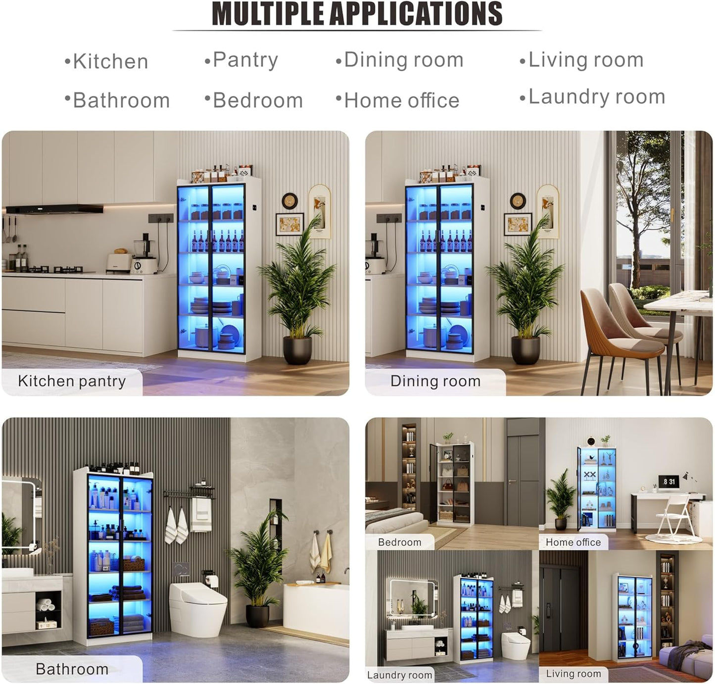 Display Cabinet with Doors and Adjustable Shelves, 65" Tall Bookcase with LED Lights/Human Sensor, 5 Tier Display Case for Collectibles Bedroom Living Room Office, White
