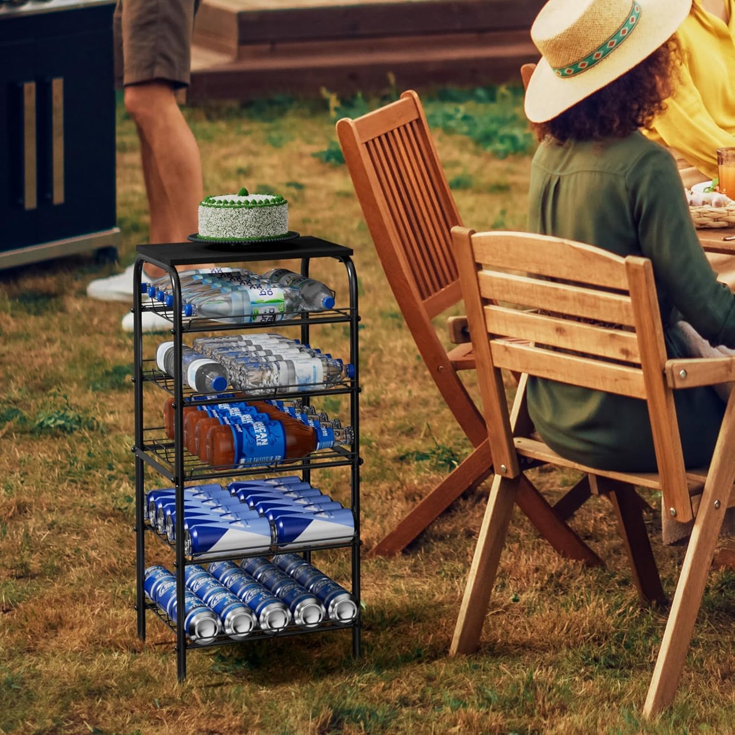 Vrisa 5 Tier Water Bottle Storage Rack Vertical Freestanding Bottled Water Organizer Large Capacity Beverage Drink Soda Can Holder Stand for Kitchen Pantry Home Party Food Storage, Black
