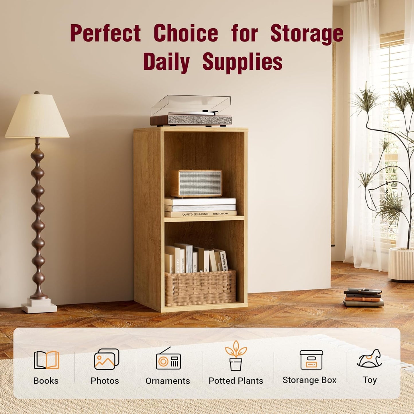 Book Shelf, Wooden Cube Storage Organizer with 11" Open Cubes, Stackable Modular Bookcase for Room Divider Storage, 2 Tier Bookshelf for Living Room, Bedroom, Office (Oak, 2-Cube)