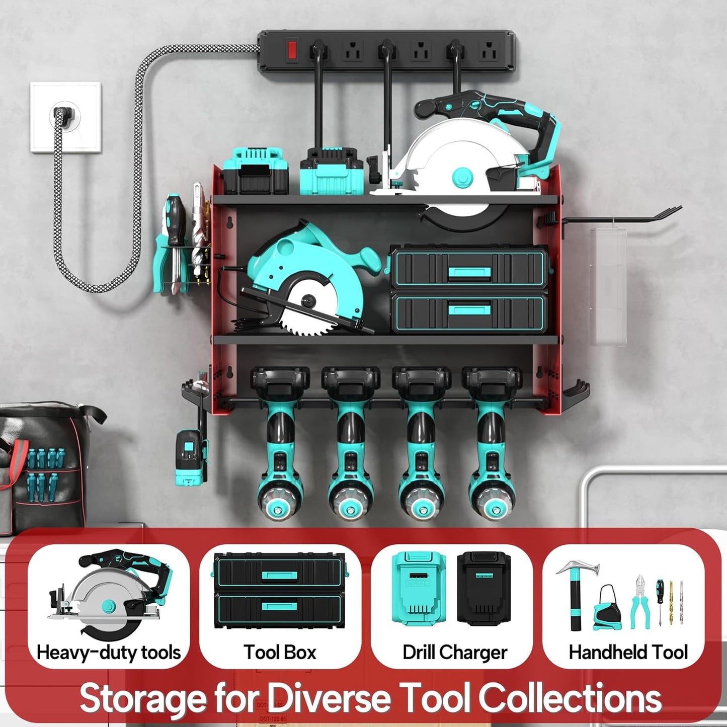 3 Layer Heavy Duty Power Tool Organizer Wall Mount with Charging Station, Adjustable Metal Storage Rack, 6 Outlets Power Strip, Drill Holders, Hooks & Drill Bit Rack for Garage, Workshop, Red