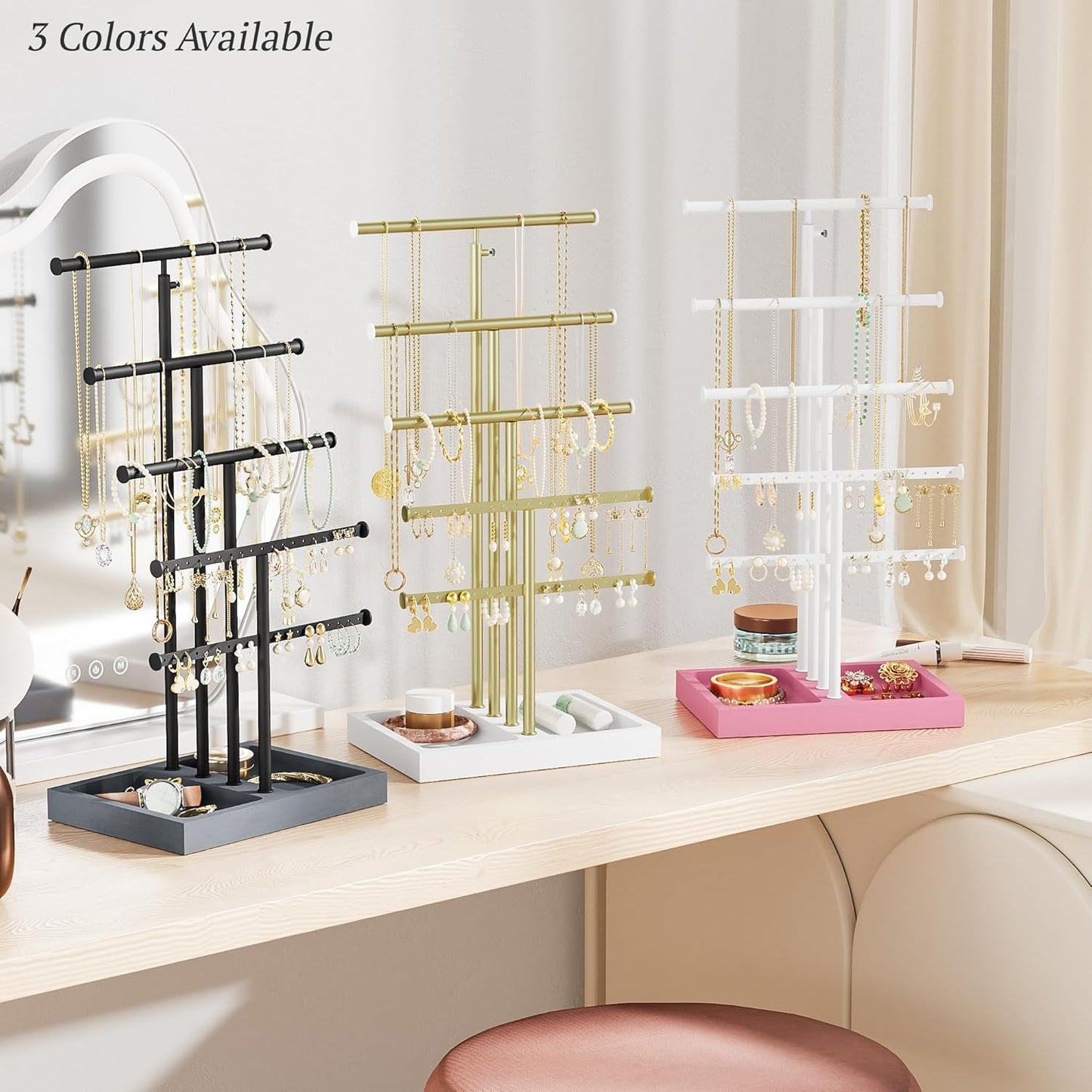 Love-KANKEI Jewelry Organizer Stand, 5 Tier Large Necklace Holder with Wood Base, Jewelry holder stand Tree for Display, Bracelets Earrings Rings, Height Adjustable Gift Pink and White