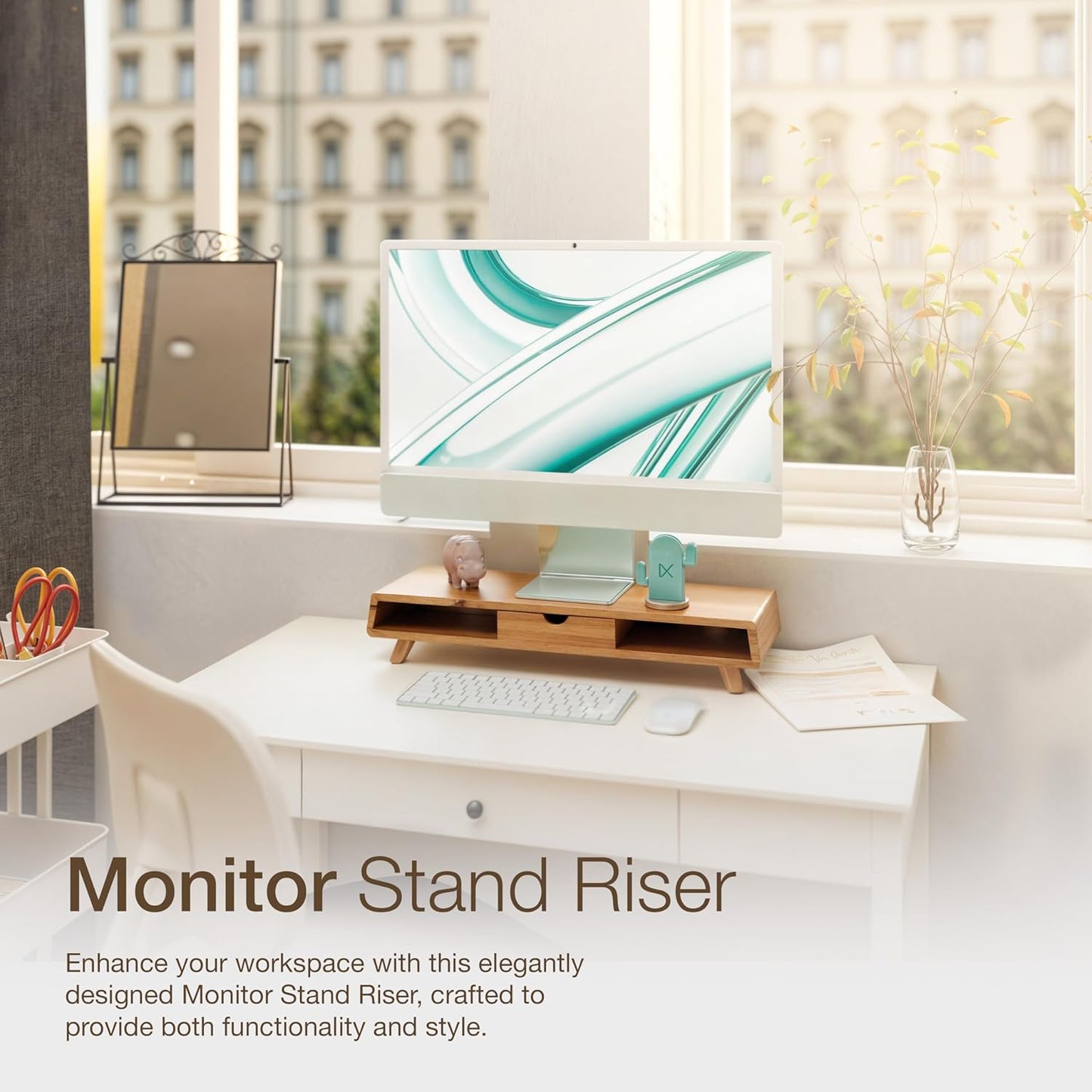TINAMO Acacia Wood Monitor Stand with Drawer - Wooden Monitor Riser for Desk - Computer Monitor Stand for Desk - Multi-Purpose Desktop Storage Stand for Computer; Laptop; Printer; TV - 24.4 " x 8" x 5" (Patent Pending) (Acacia, 24.4 " x 8" x 5")
