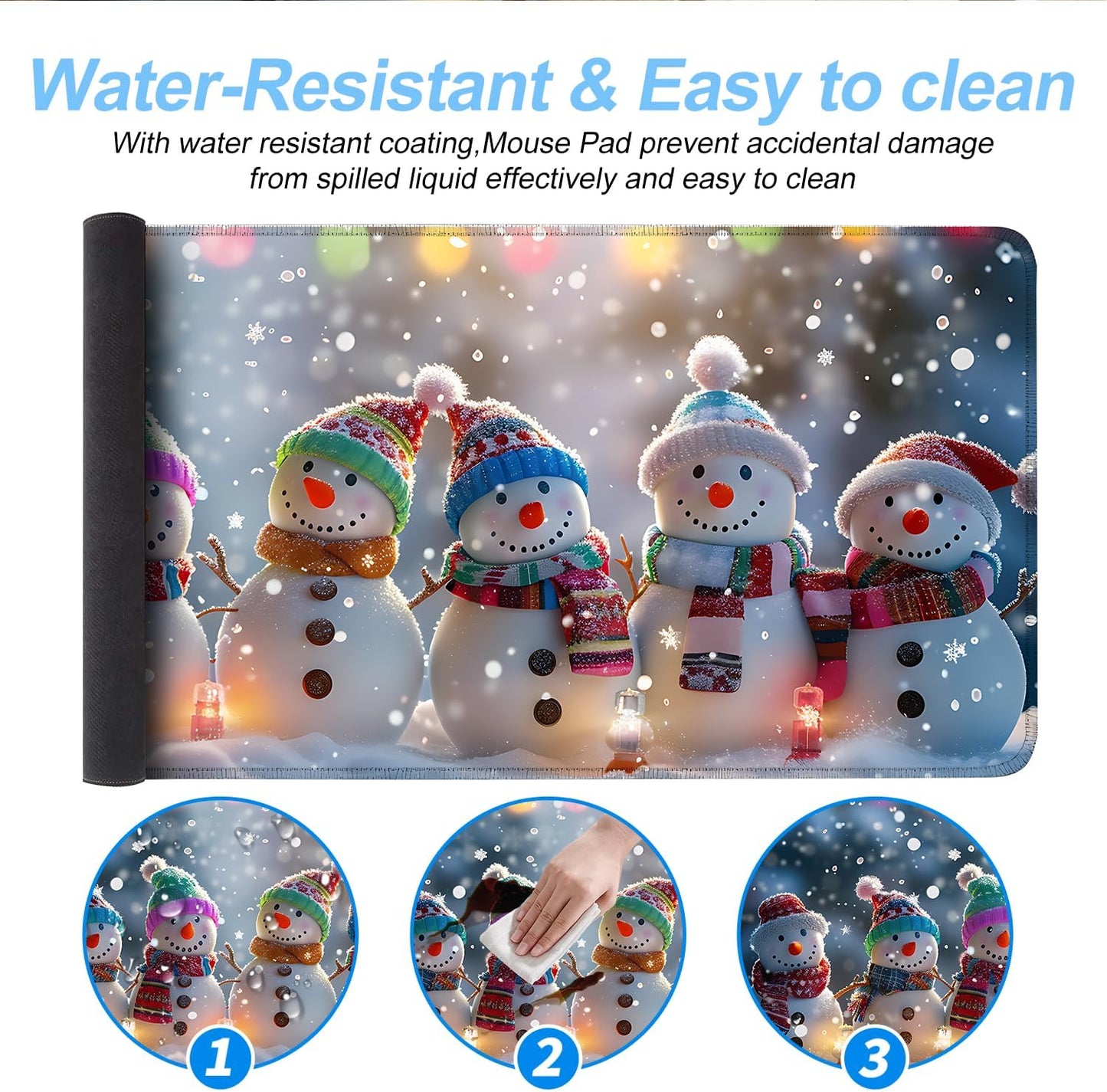 Snowman Christmas Mouse Pad XXL – Large Holiday Desk Mat with Cute Snowmen & Lights, Extended Non-Slip Mousepad for Office, Gift, Winter Decorations,31.5 x 11.8 in