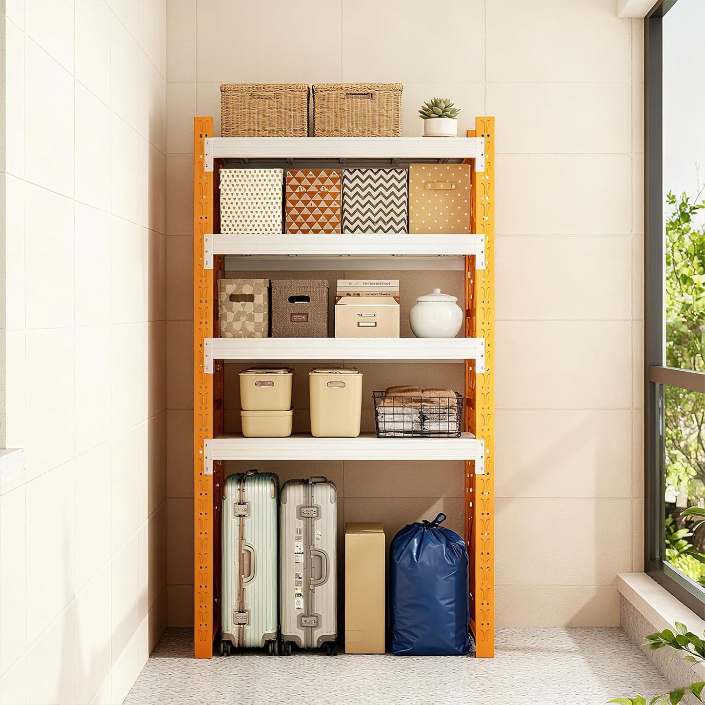 79" H Garage Shelving,3000LBS Heavy Duty Storage Rack,4 Tiers Metal Storage Rack Shelf, Adjustable Shelving Unit for Garage,Kitchen,Warehouse,Basement,78.7" H x 41.3" W x 19.6" D,Orange&White