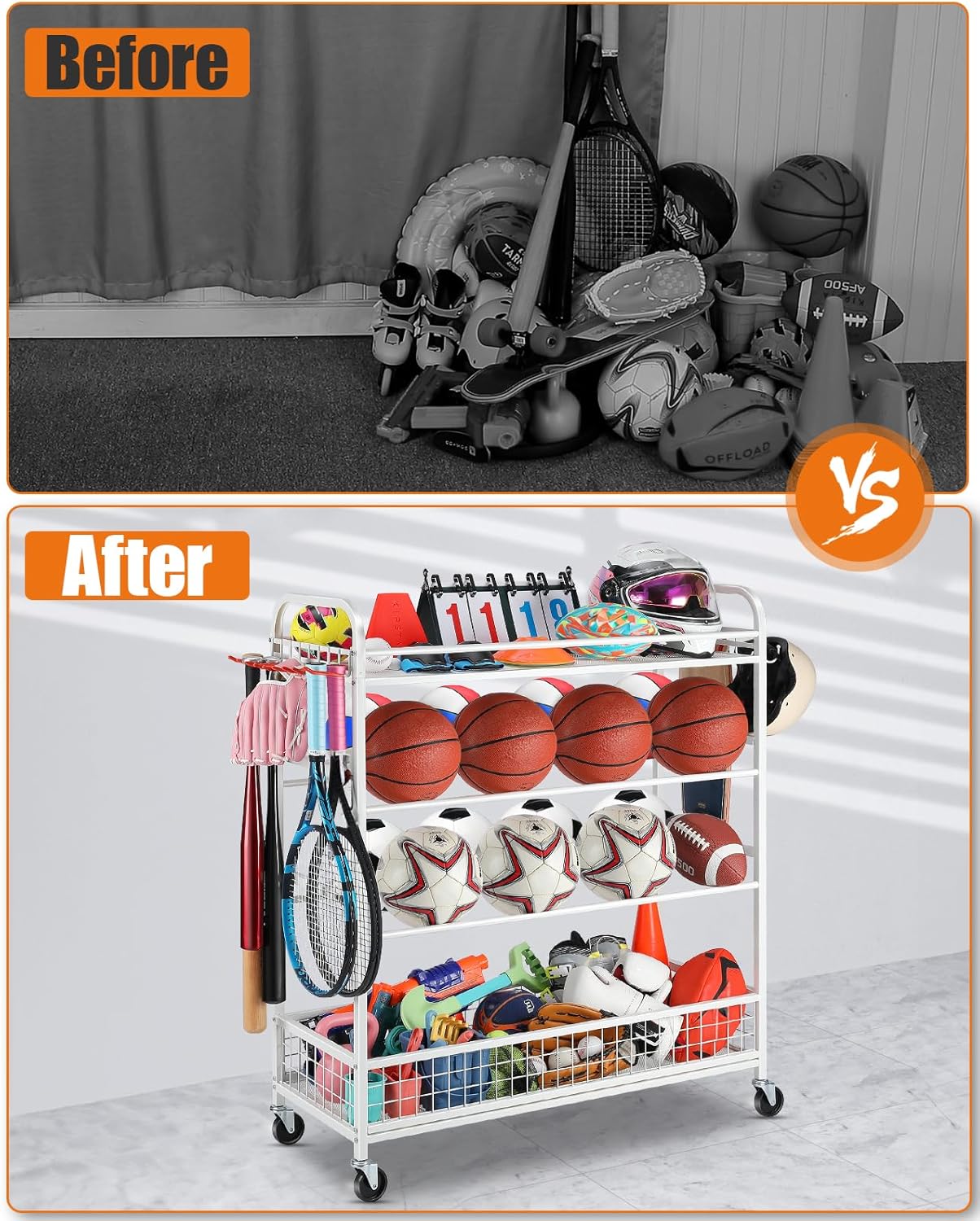 Garage Sports Equipment Organizer - Rolling Ball Storage Bin with Wheels, Garage Sports Gear Rack Outdoor Basketball Racks for Balls with Baseball Bat Holder and Hooks, Toy Organizer(White)