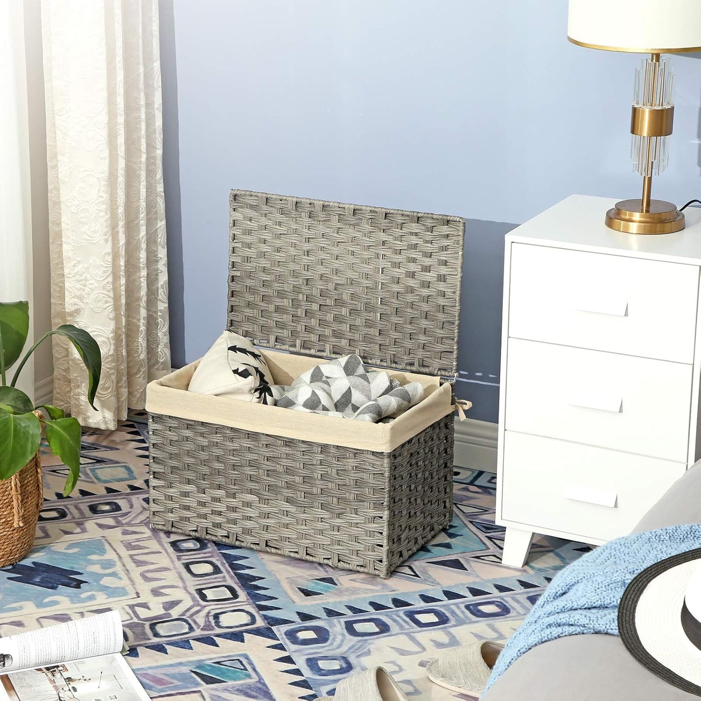 SONGMICS Storage Basket with Lid, Woven Blanket Storage Bin with Handles, Foldable, Removable Liner, Metal Frame, for Bedroom, Laundry Room, 17.2 Gallons (65 L), Gray URST56WG
