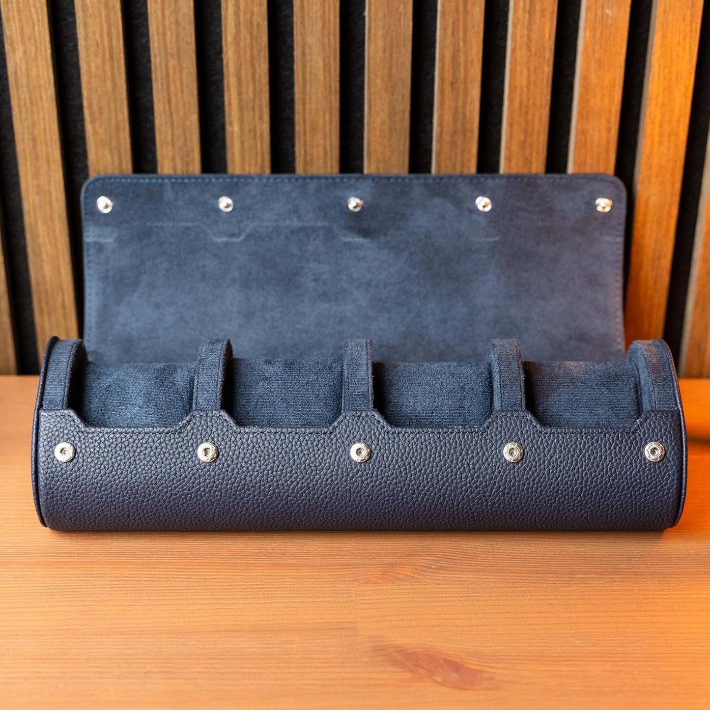 DailyWatch | Personalized Watch Roll Travel Case For 4 Watches - Handmade Genuine Leather Travel Case With Custom Engraving of Name or Initials - Navy Blue