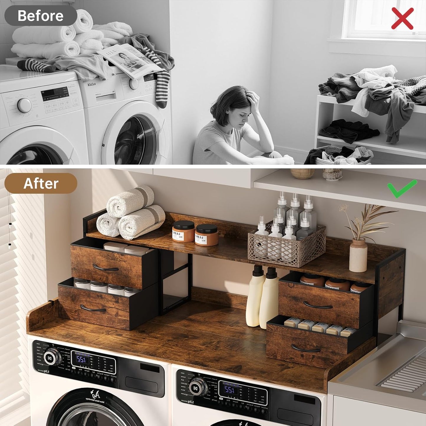 4 Drawers Washer Dryer Countertop with Shelf, 27.5" D x 54" W Laundry Topper with 3.54" High Guardrails and Non-Slip Pads,Extra Storage Organizer for Over Washer and Dryer, Holds 66 Lbs,Vintage Brown