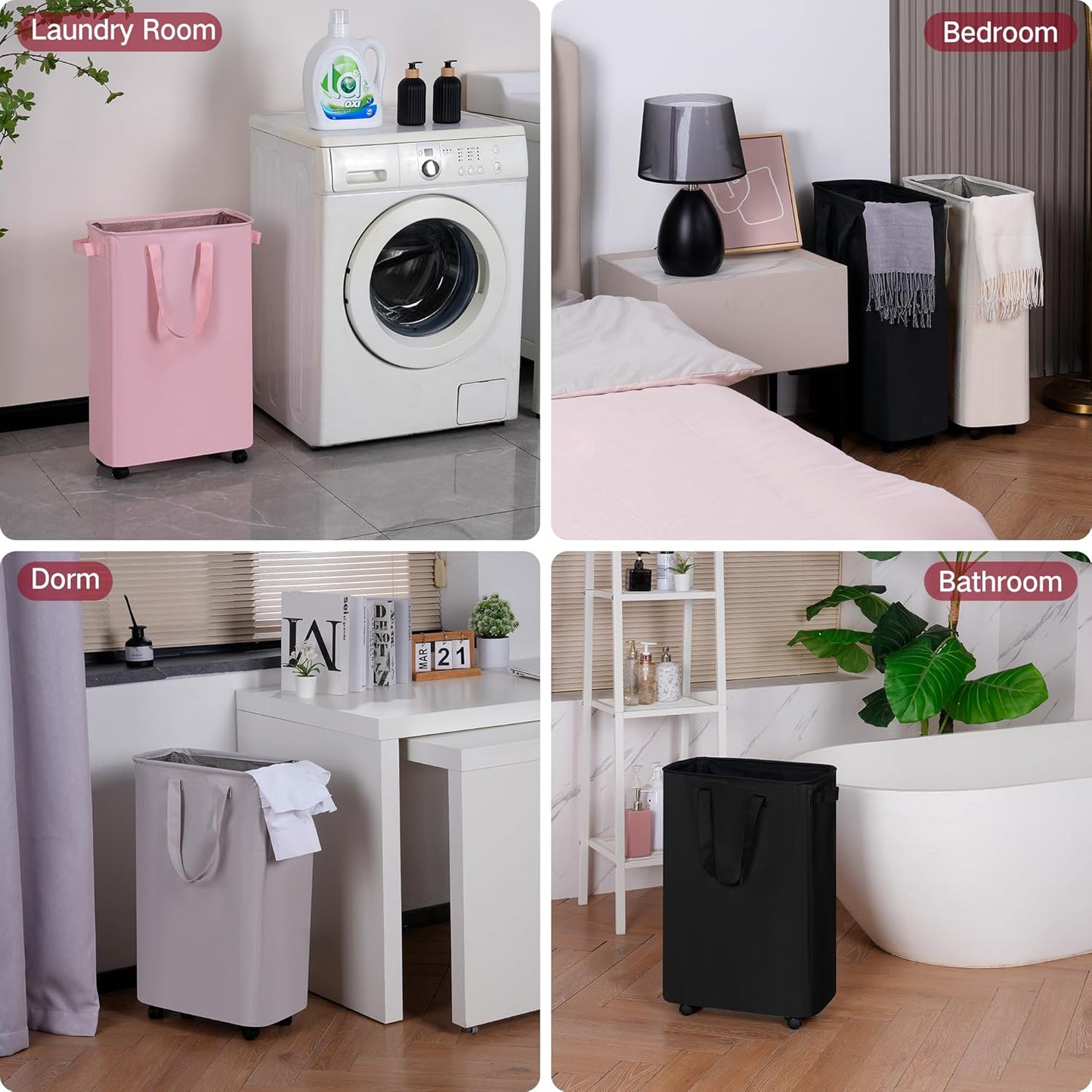 efluky Slim Laundry Hamper with Wheels, Rolling Laundry Basket for Clothes, Small Laundry Basket for Bedroom, Dorm and Laundry Room, 60L (12.7 Gallons) Black