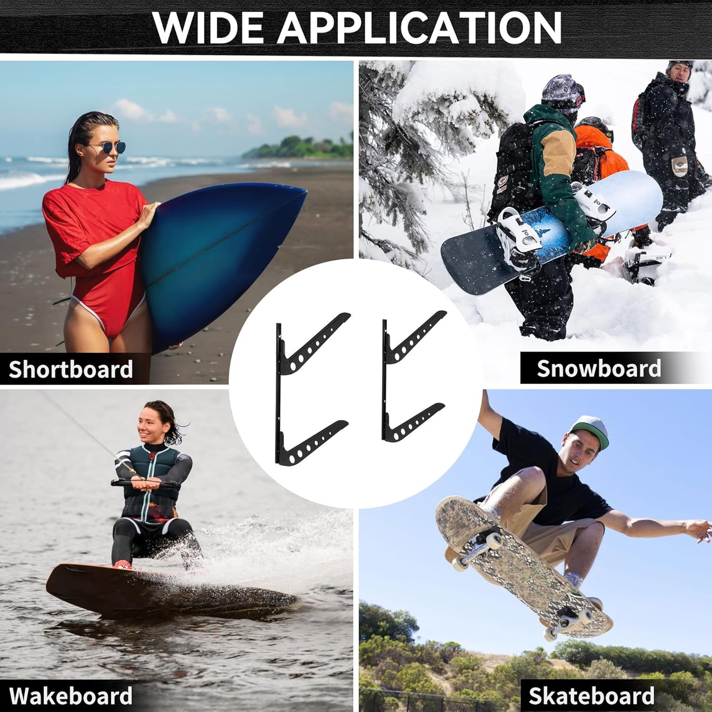 2 Board Surf Rack Wall Mount for Surfboard, Wakeboard, Snowboard Storage Adjustable Wall Hangers Boards Display Black