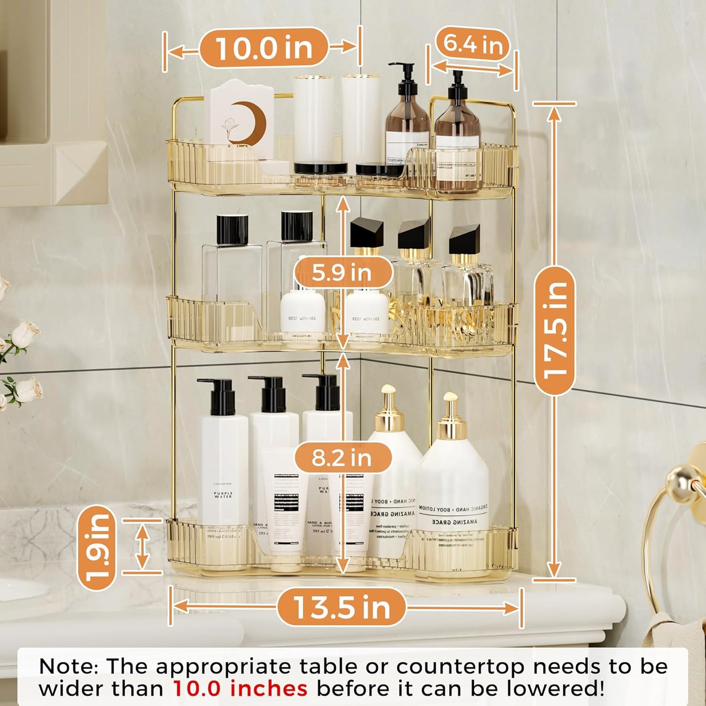 YCIA&DONE Corner Bathroom Counter Organizer, Makeup Organizer for Vanity, Skincare Cosmetic Perfume Tray, Corner Countertop Shelf Rack Storage for Bathroom Kitchen 3 Tiers (Amber Gold)