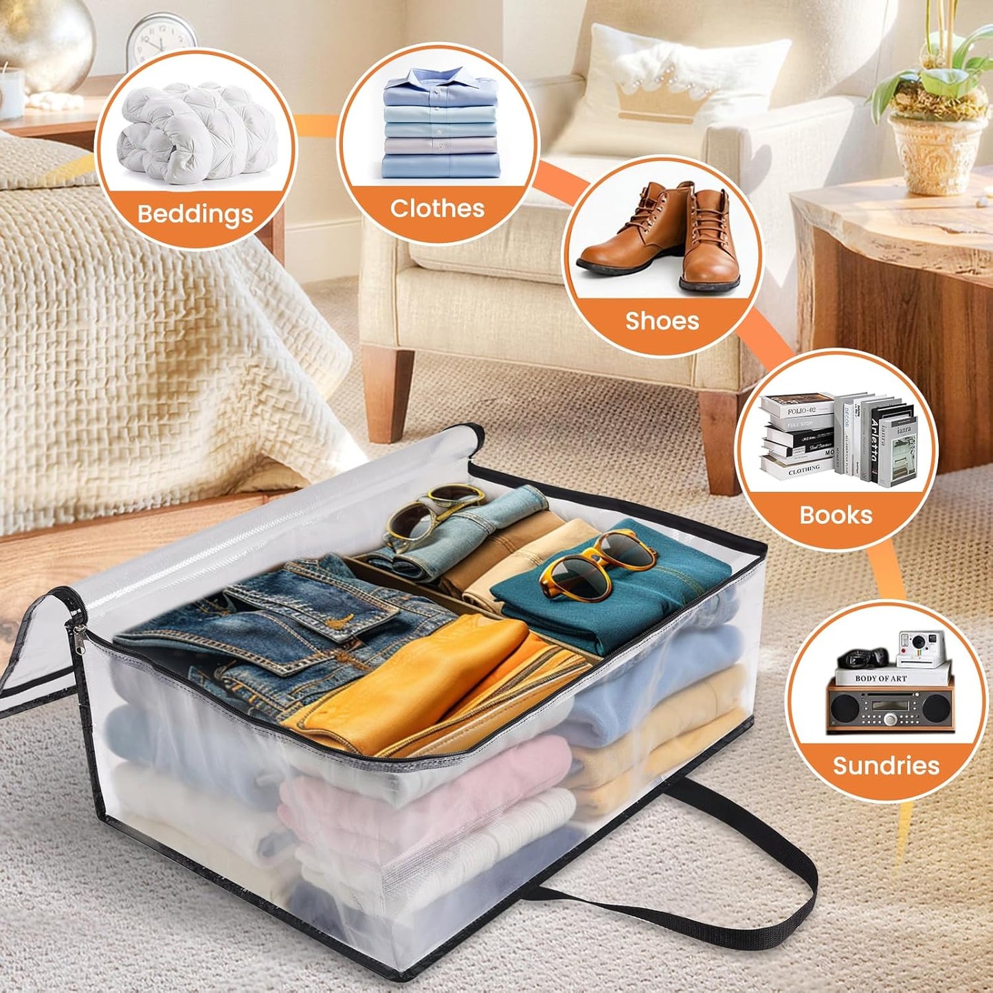 6 Pack Clear Storage Bags for Comforter, Clothes & Bedding, Plastic Blanket Storage with Zipper and Handle, Moving Bags, Closet Organizer and Under-Bed Storage (90L)