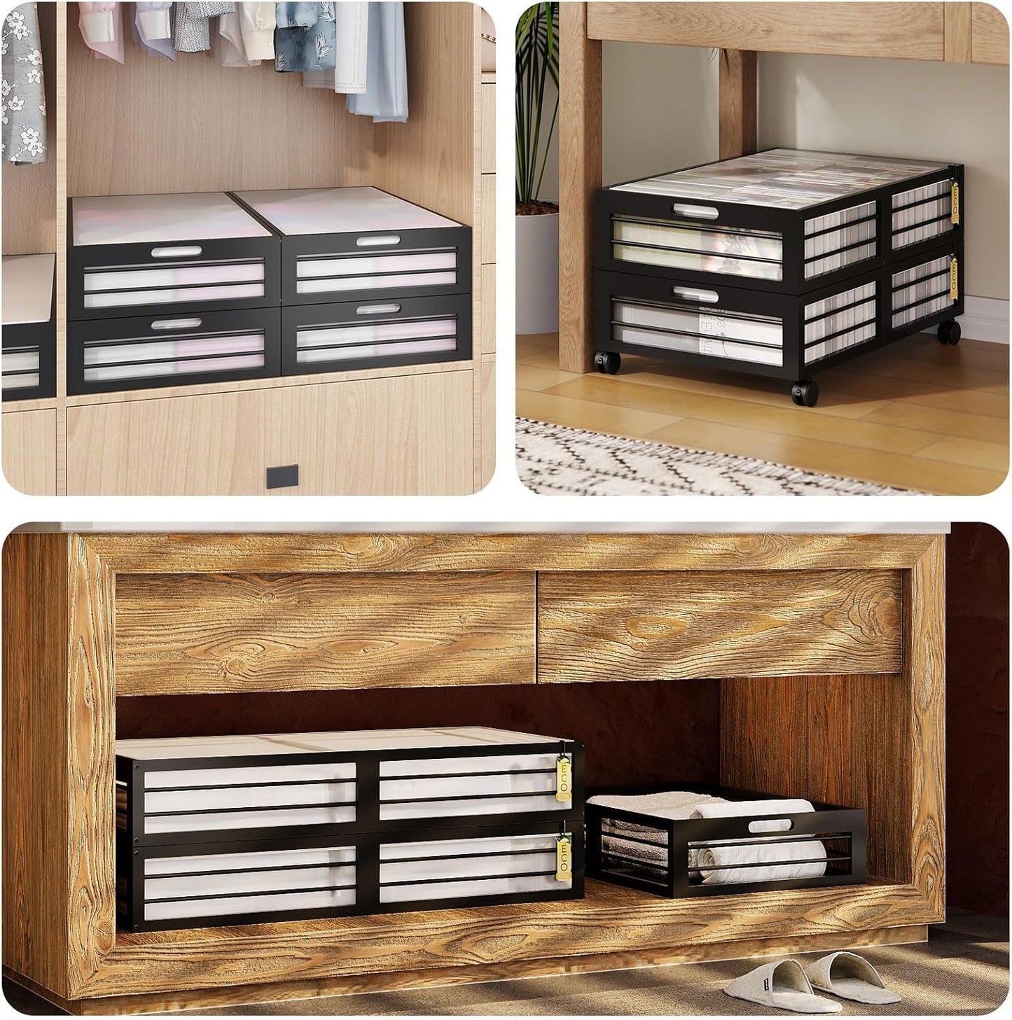 Under Bed Storage Containers with Wheels, Larger Bamboo Wood Under Furniture Storage Containers with Dust Bags๏ผRolling for Shoes Clothes