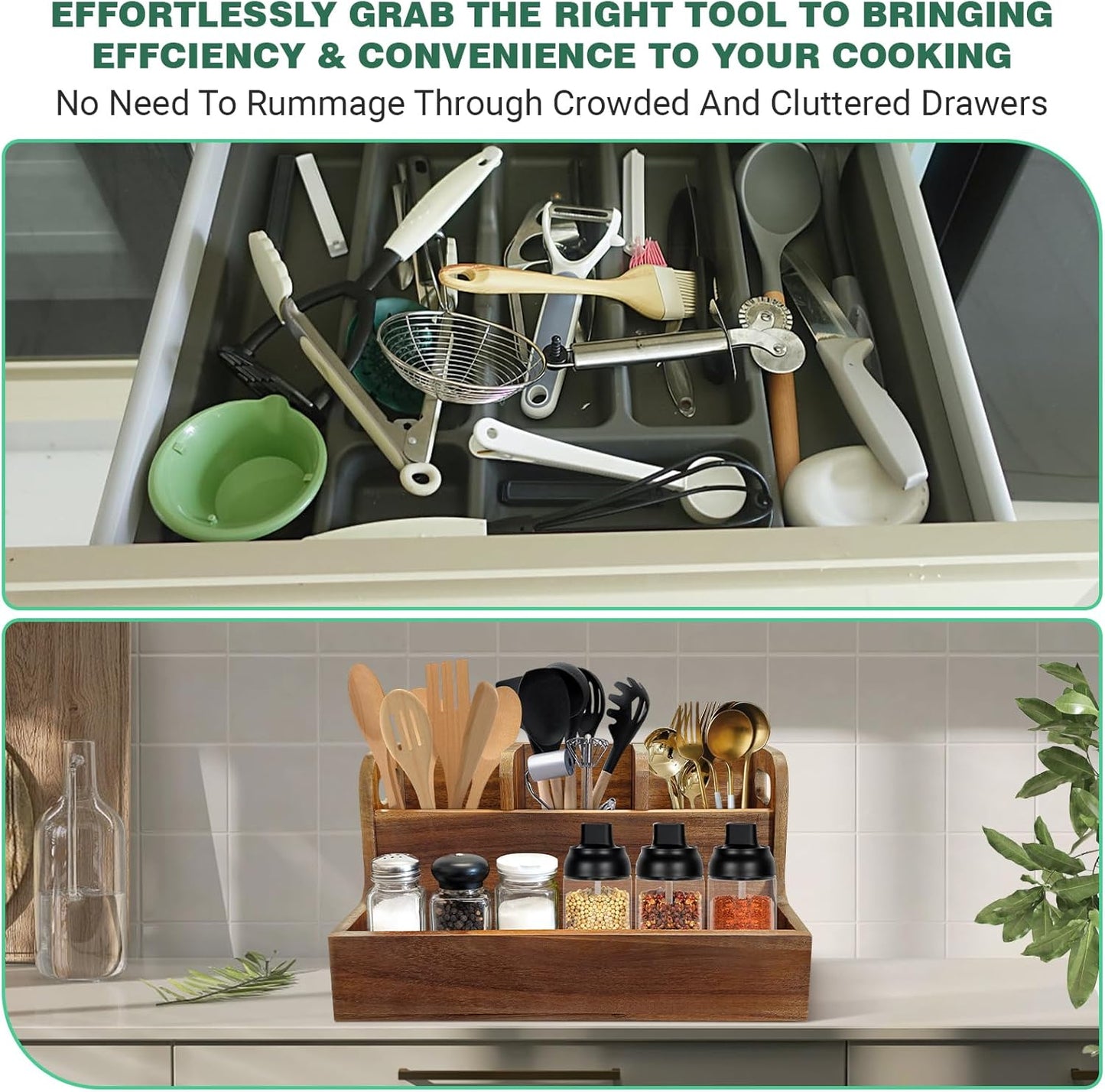 Kitchen Utensil Holder for Countertop with 4 Compartments Acacia Large Utensil Holder Wooden Storage for Cooking,Baking,Flatware Tool Kitchen Utensil Organizer