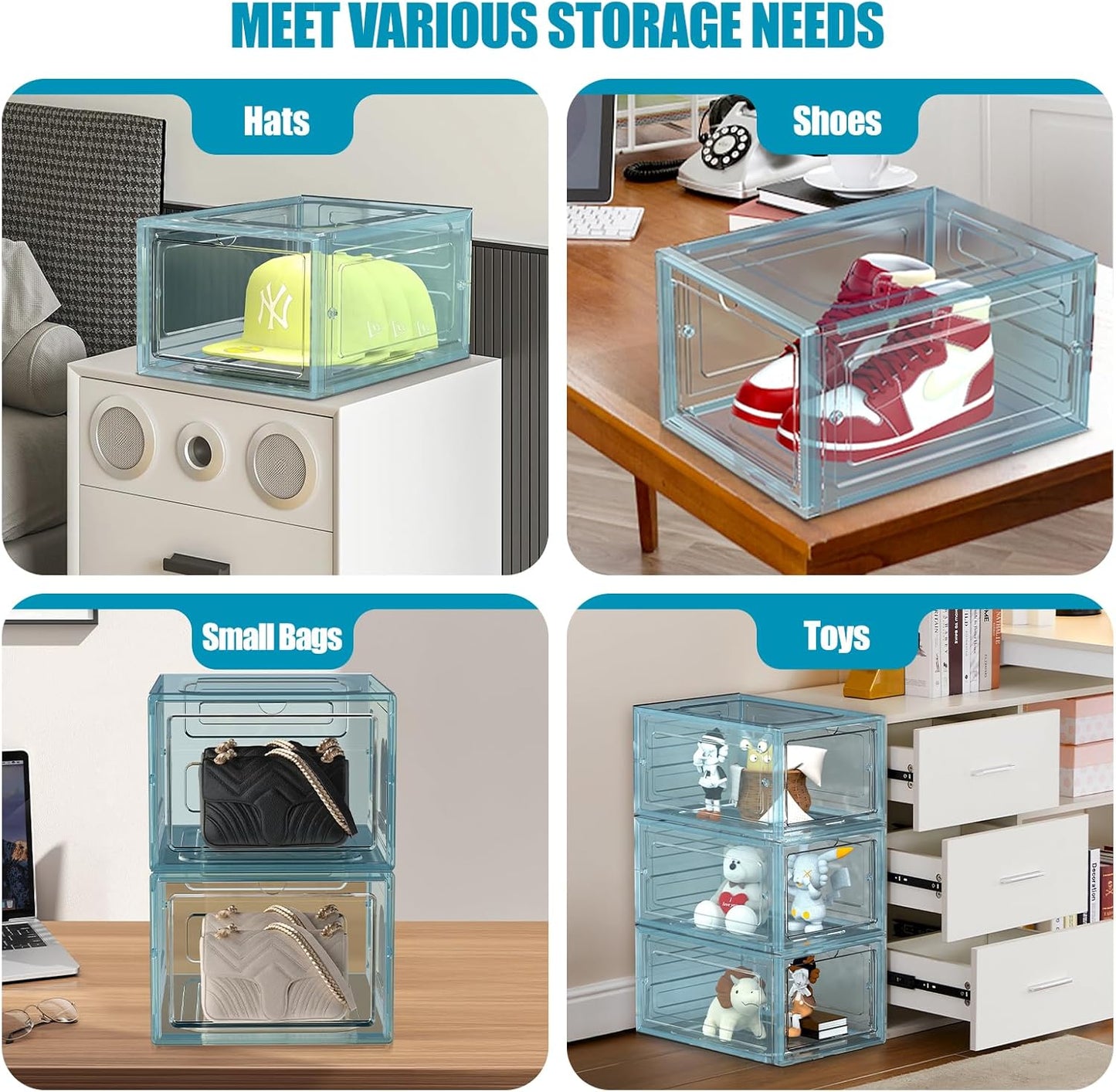 Hat Organizer Box, Stackable Clear Baseball Caps Holder Box Containers with Magnetic Door for Hats Snapback Cap Storag, Hat Rack Display Case, Holds 8 Hats Each (Blue, 2 Pack)