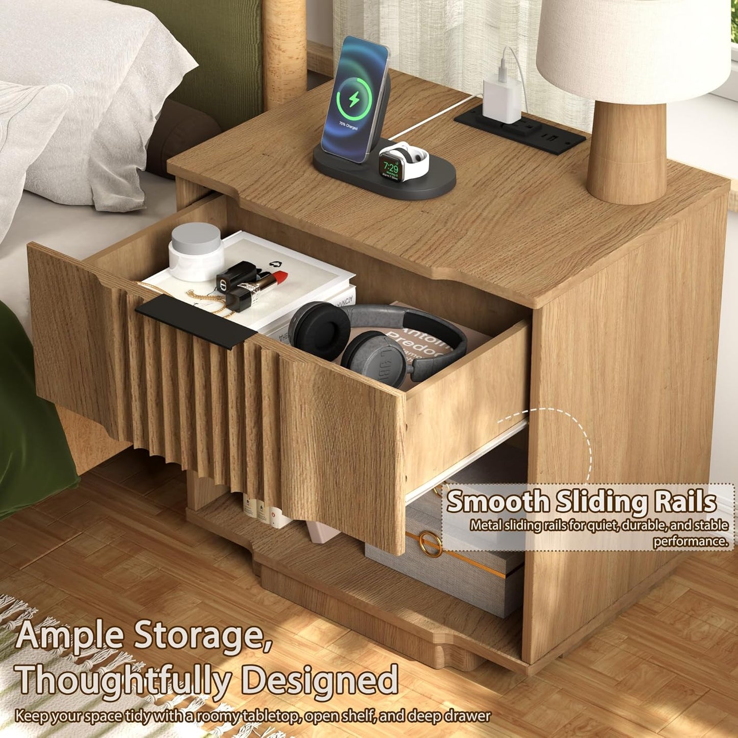 Yechen Fluted Nightstands Set of 2 with 20W Fast Charging Station - Large Wood Night Stands with Drawer & Shelf, Modern Wide Bedside End Tables for Bedroom with Curved Profile Base, Natural Oak